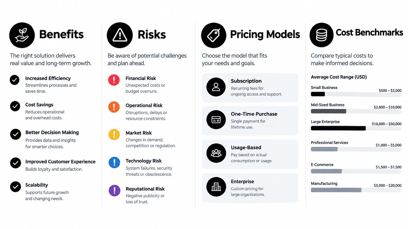 A professional infographic comparing benefits, risks, pricing models, and cost benchmarks for business software solutions.