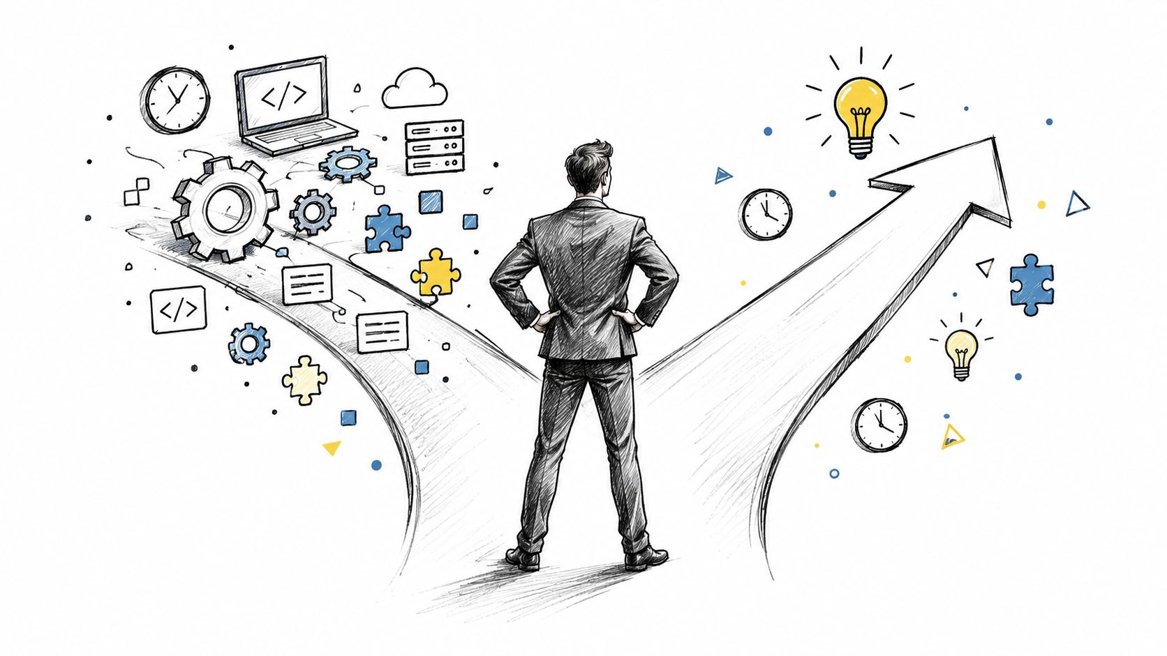 A business leader standing at a crossroads choosing between technical development and innovative strategy for business growth.