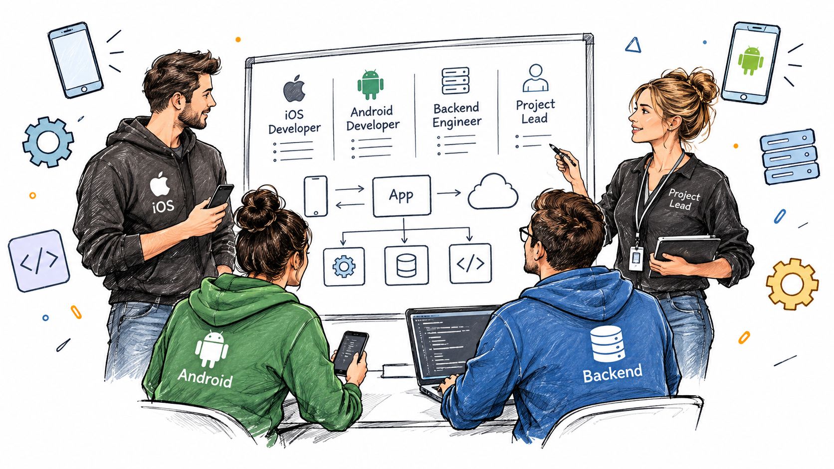 A diverse team of developers collaborating on a mobile application project in a modern, sketched-style office setting.