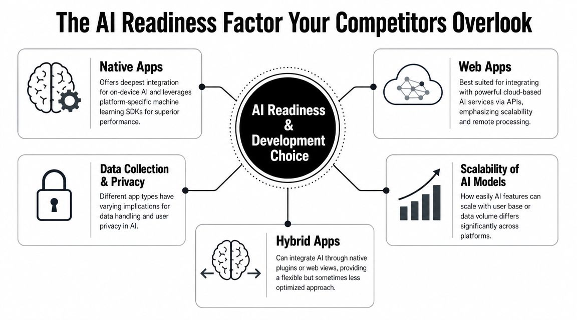 A diagram illustrating factors for AI readiness in mobile, web, and hybrid app development strategies.