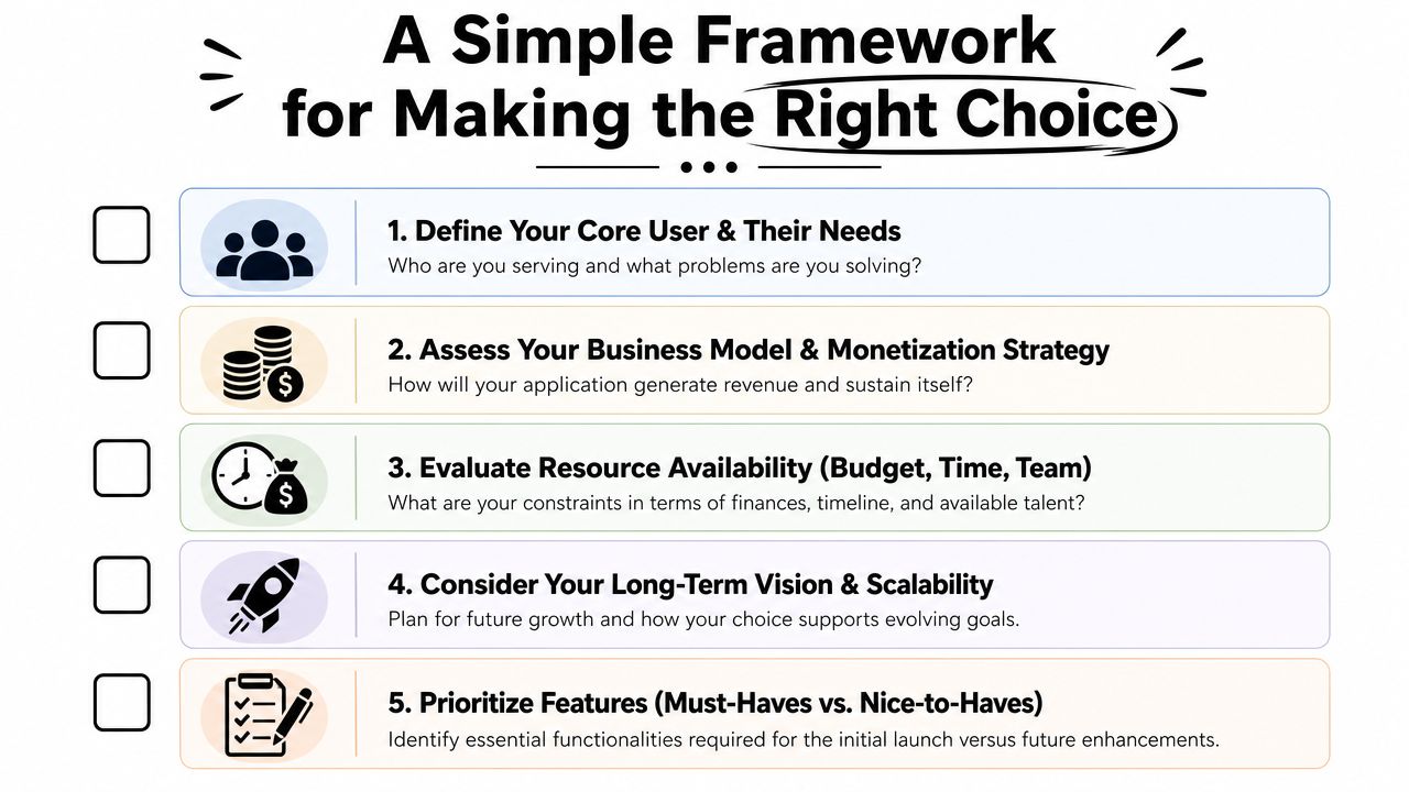 A checklist framework for making development decisions including user needs, business model, resources, vision, and features.