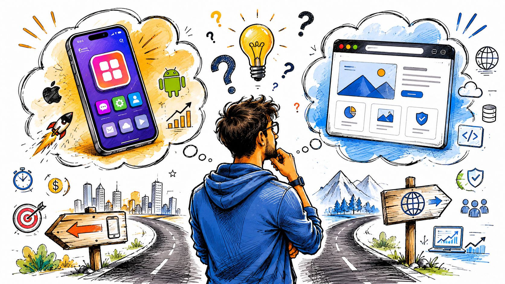 A person choosing between mobile application development and website development options in a creative illustrated concept.