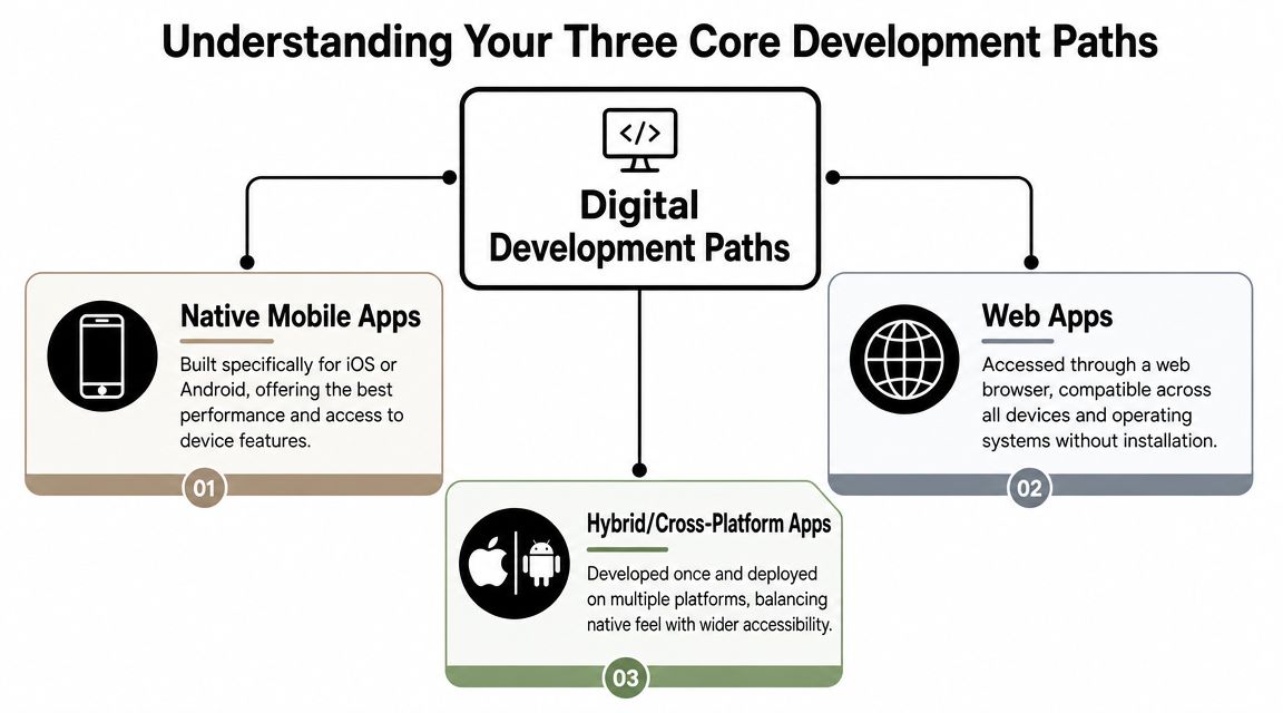 A diagram outlining three digital development paths: native mobile apps, web apps, and hybrid cross-platform applications.