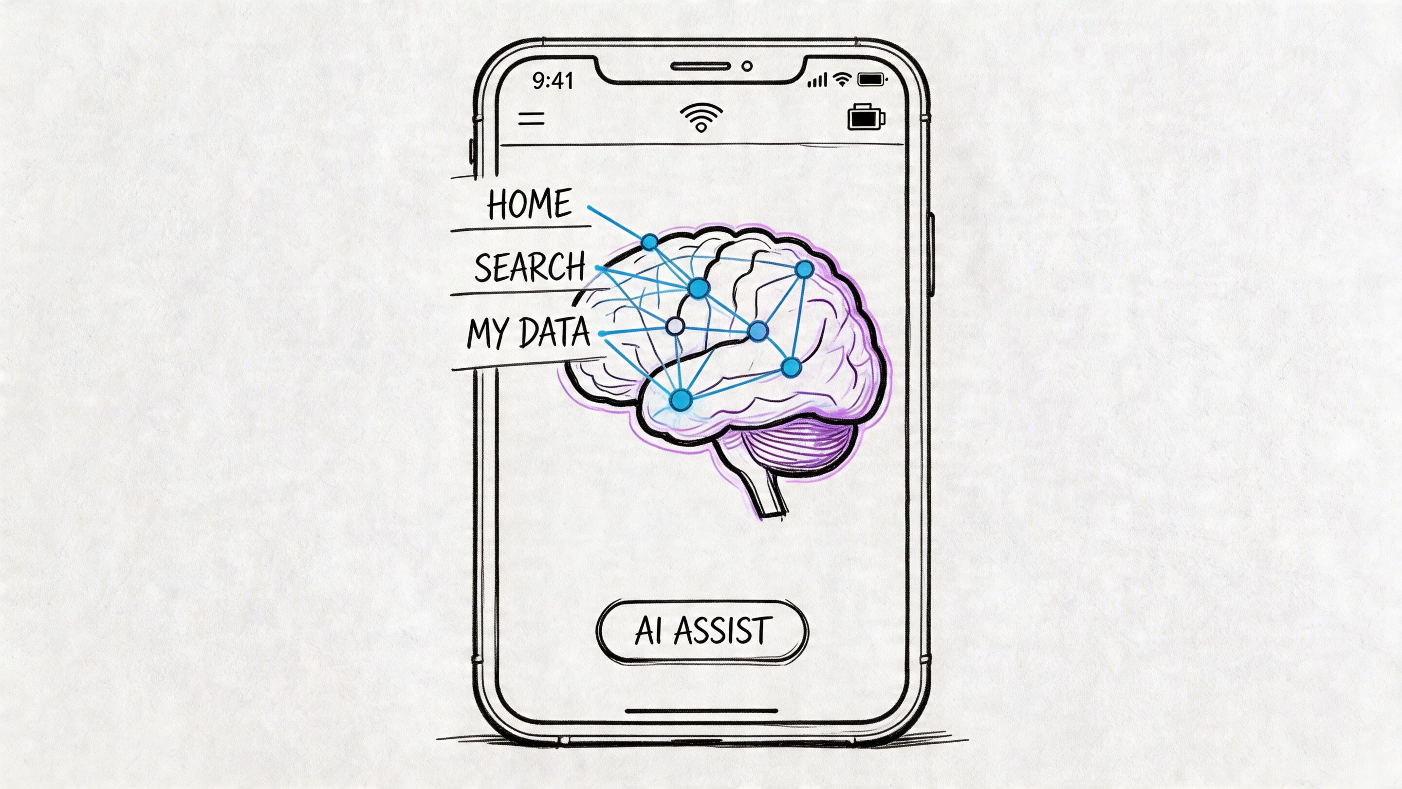 A hand-drawn illustration of a smartphone screen displaying a brain graphic with network nodes and AI-themed menu options.