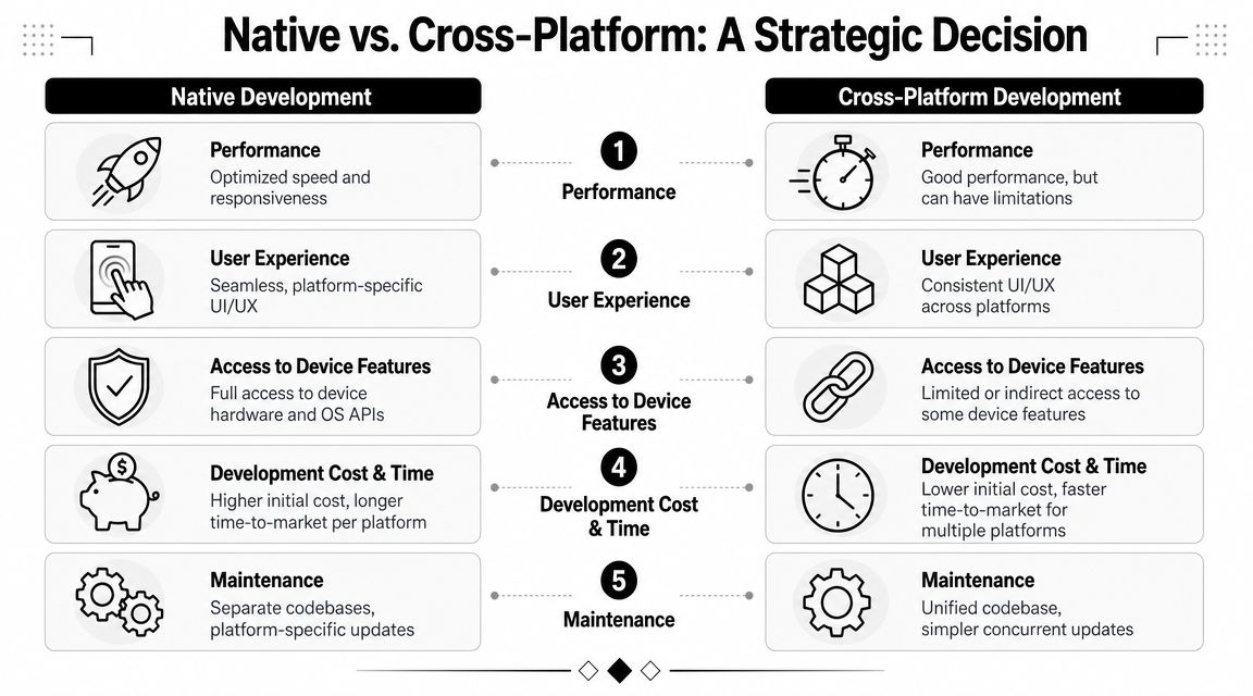 A comparison chart outlining the strategic pros and cons of native versus cross-platform mobile application development.
