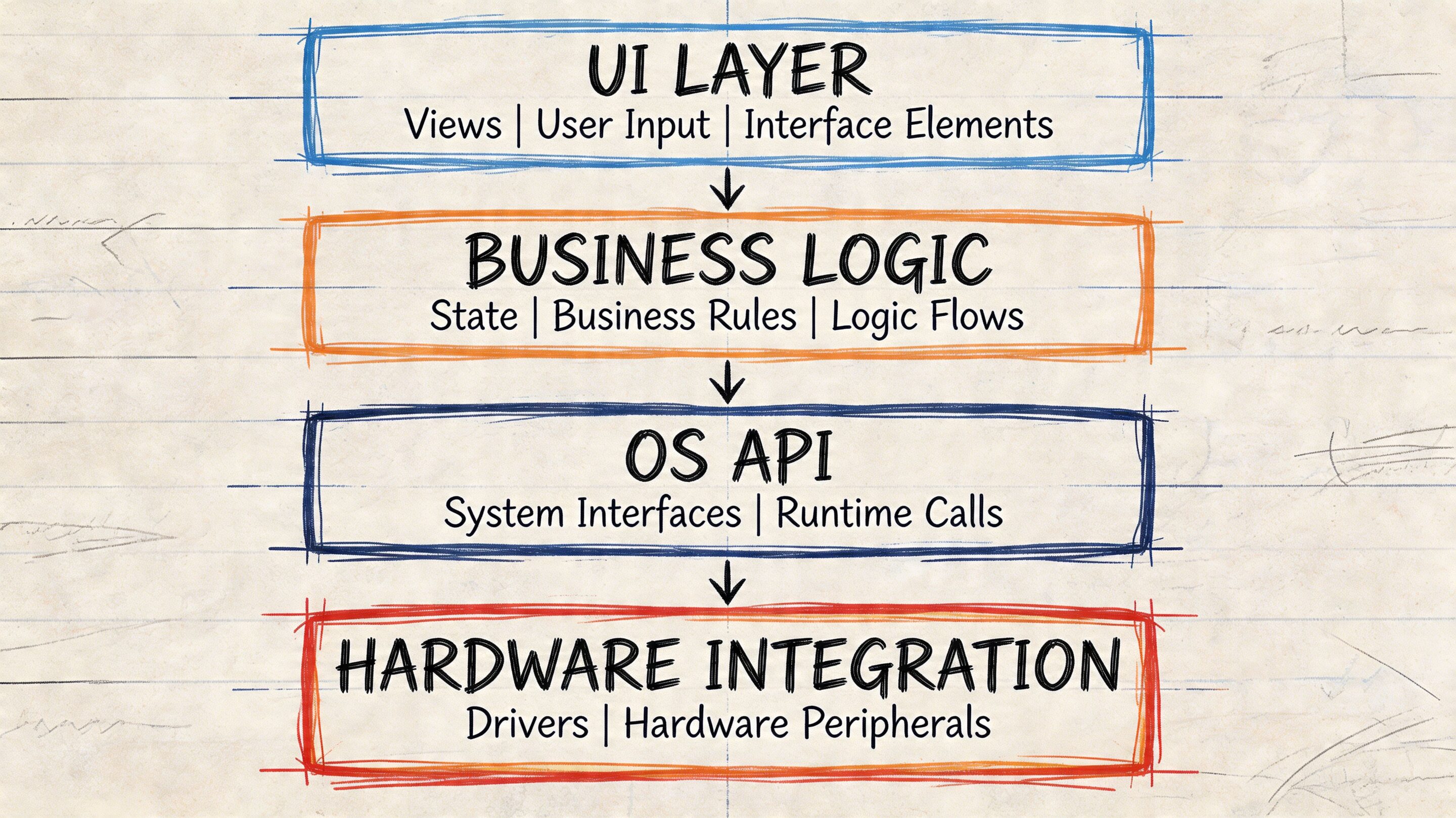 A diagram illustrating the layered architecture of software systems, from the UI layer to hardware integration.