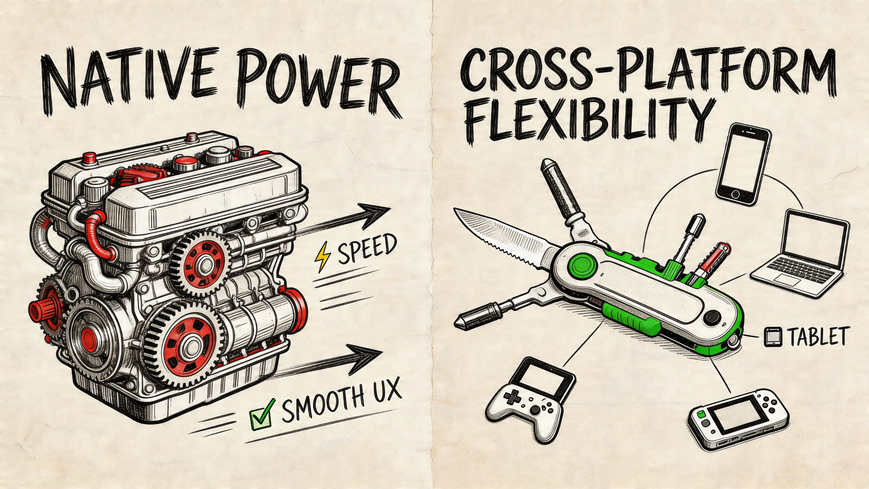 A split image comparing a powerful combustion engine representing native performance against a Swiss Army knife representing cross-platform versatility.