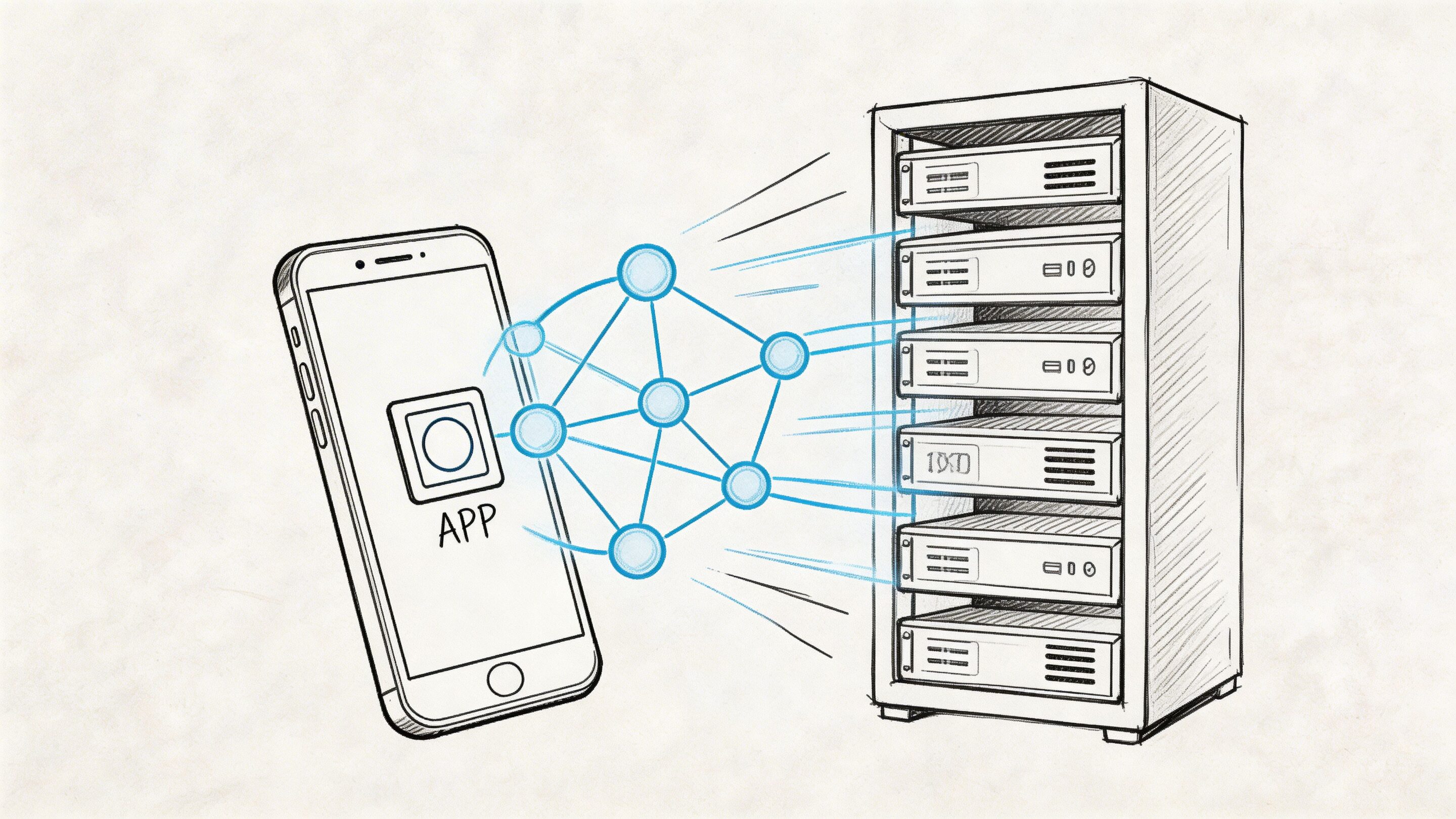 A hand-drawn illustration showing a smartphone application connecting to a server rack via a network diagram.