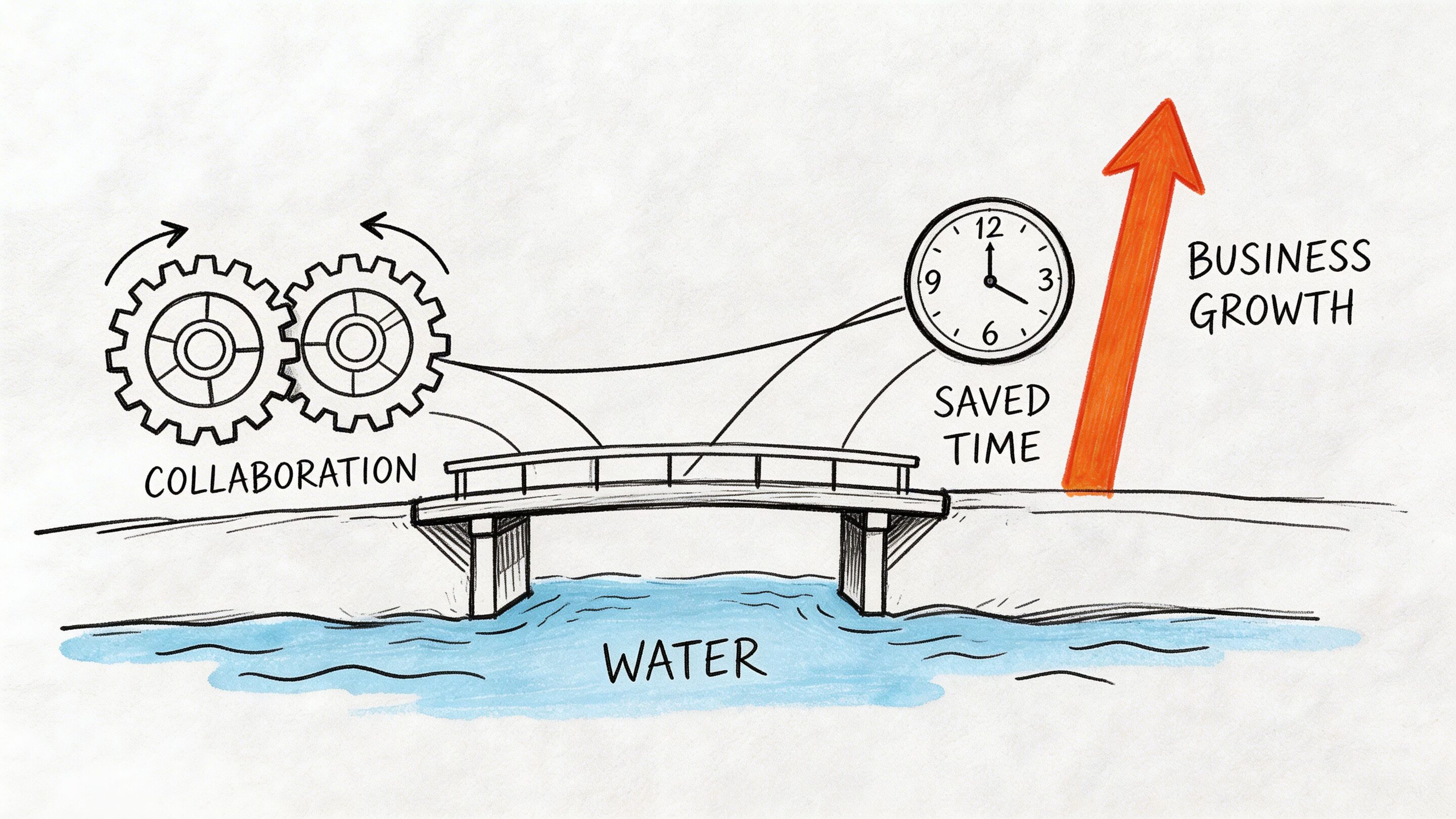 A conceptual diagram showing collaboration gears bridging over water to save time, resulting in business growth.