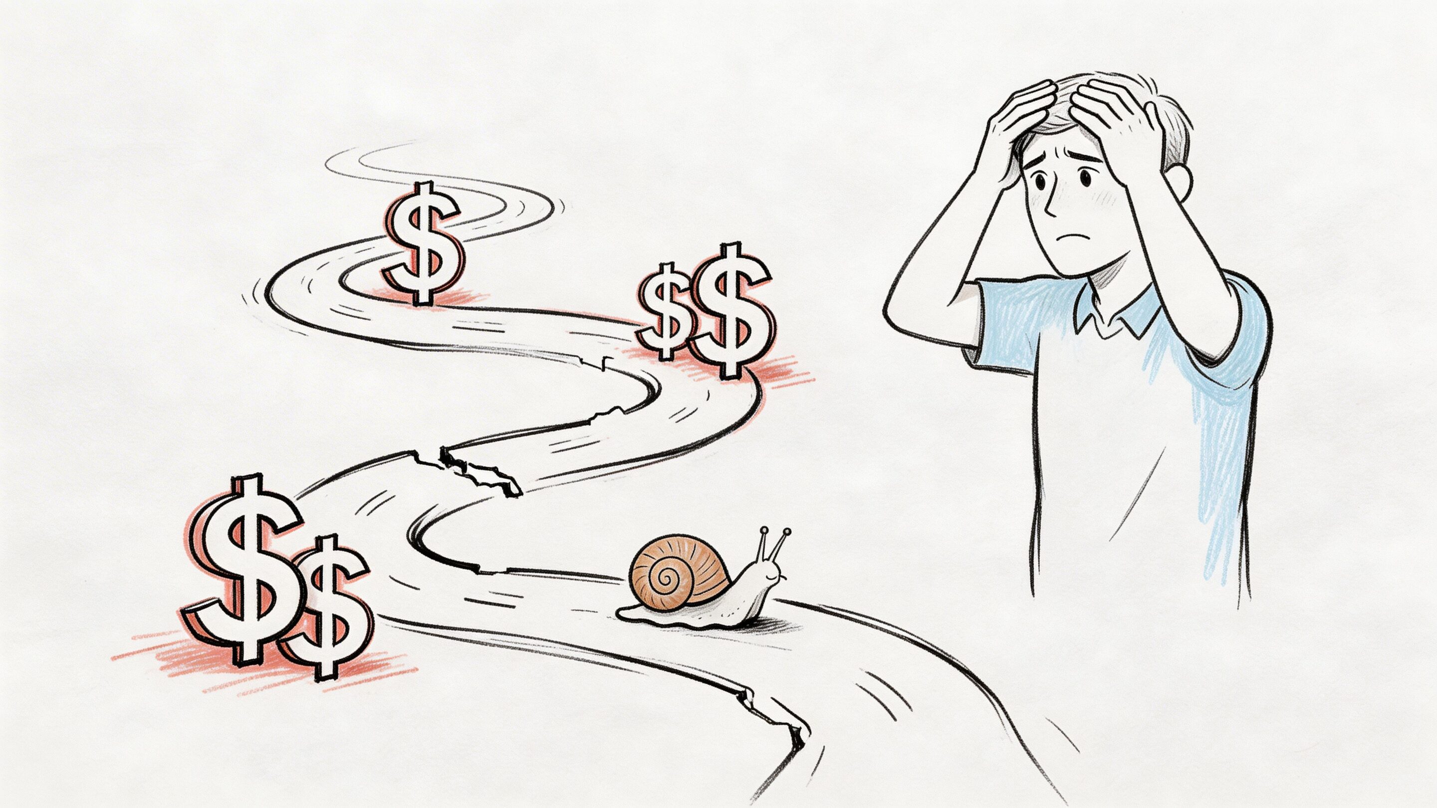 A distressed man looking at a winding path with dollar signs representing slow financial progress.