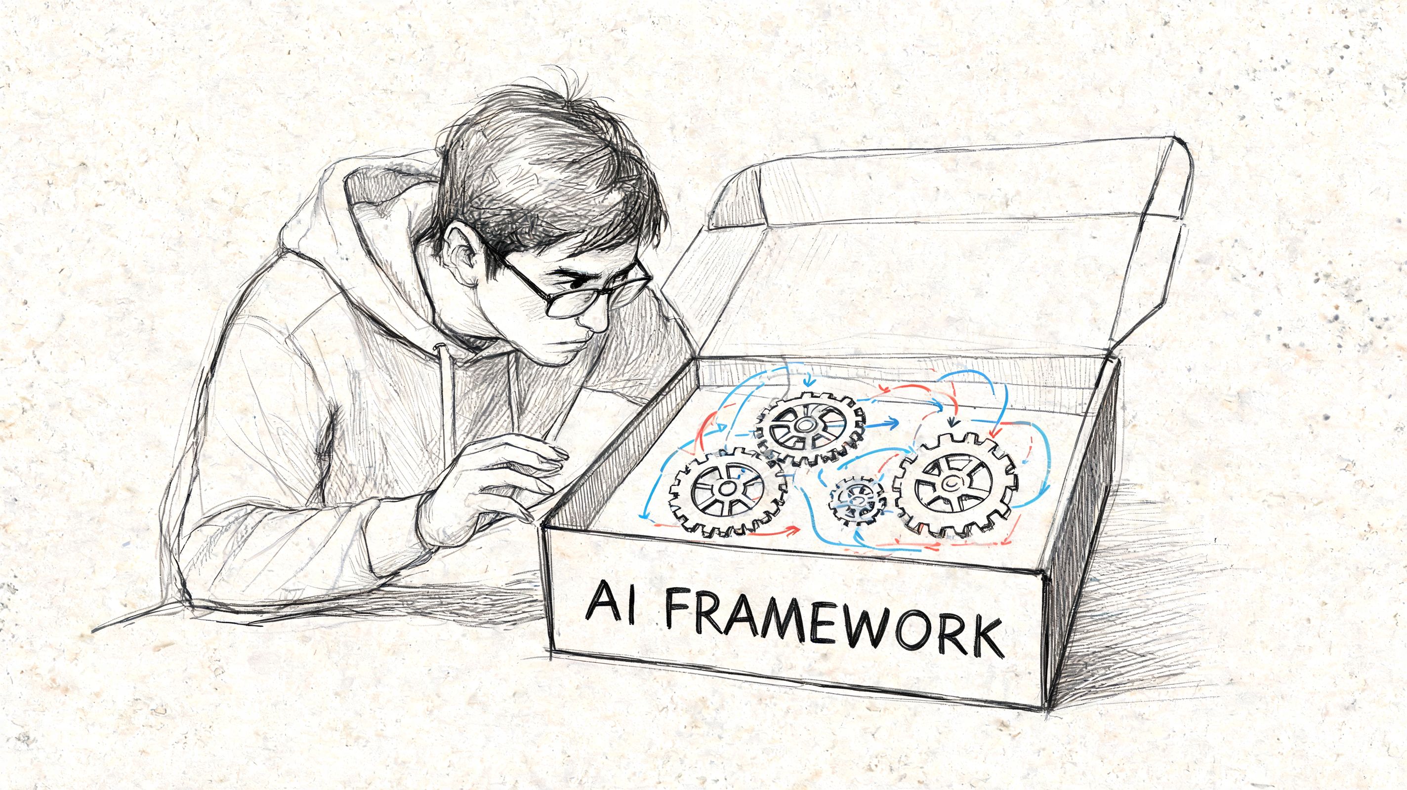 A pencil sketch of a person carefully inspecting a cardboard box labeled AI Framework containing mechanical gears.
