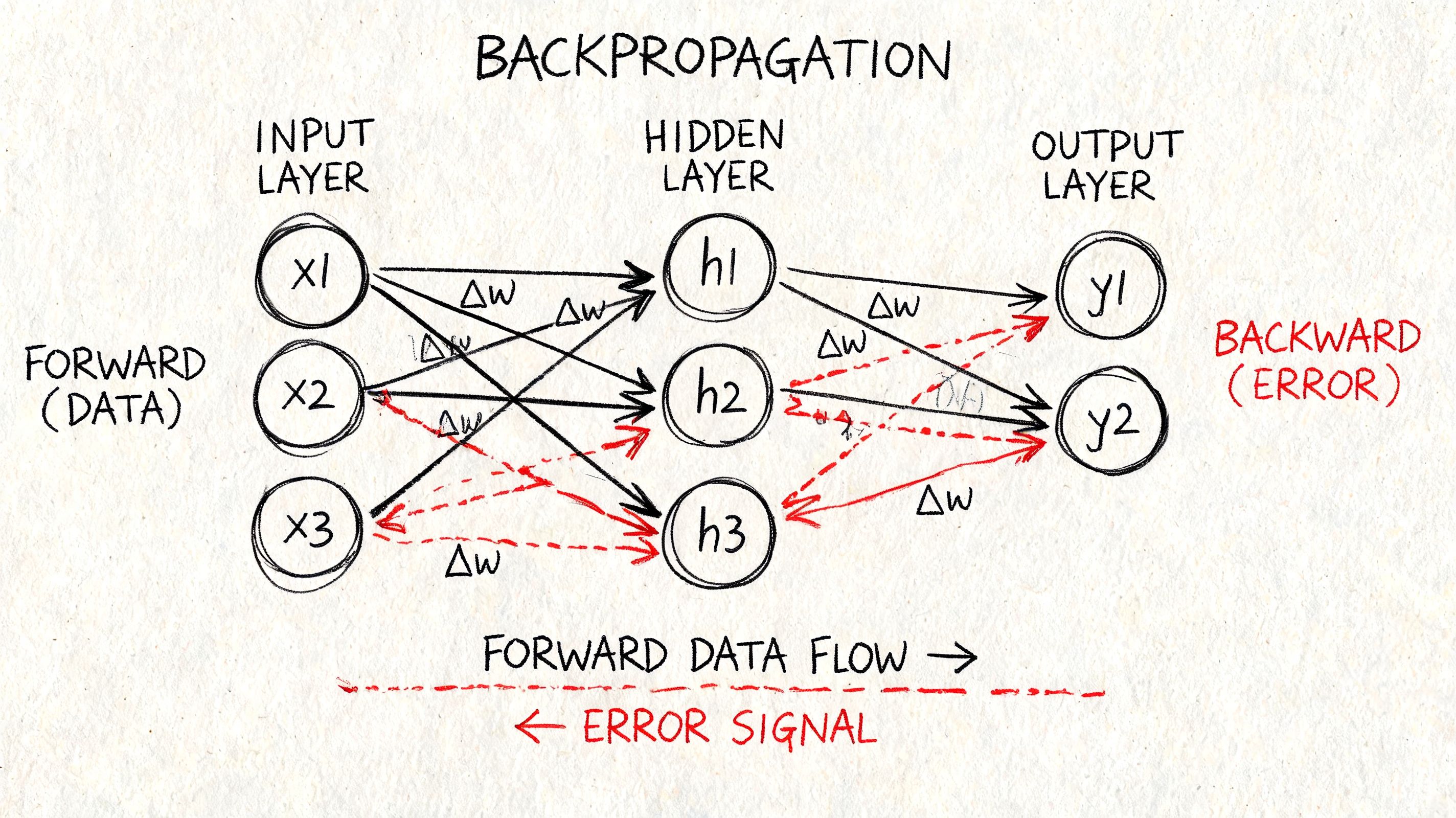 A hand-drawn diagram illustrating the backpropagation algorithm process in a simple neural network architecture.