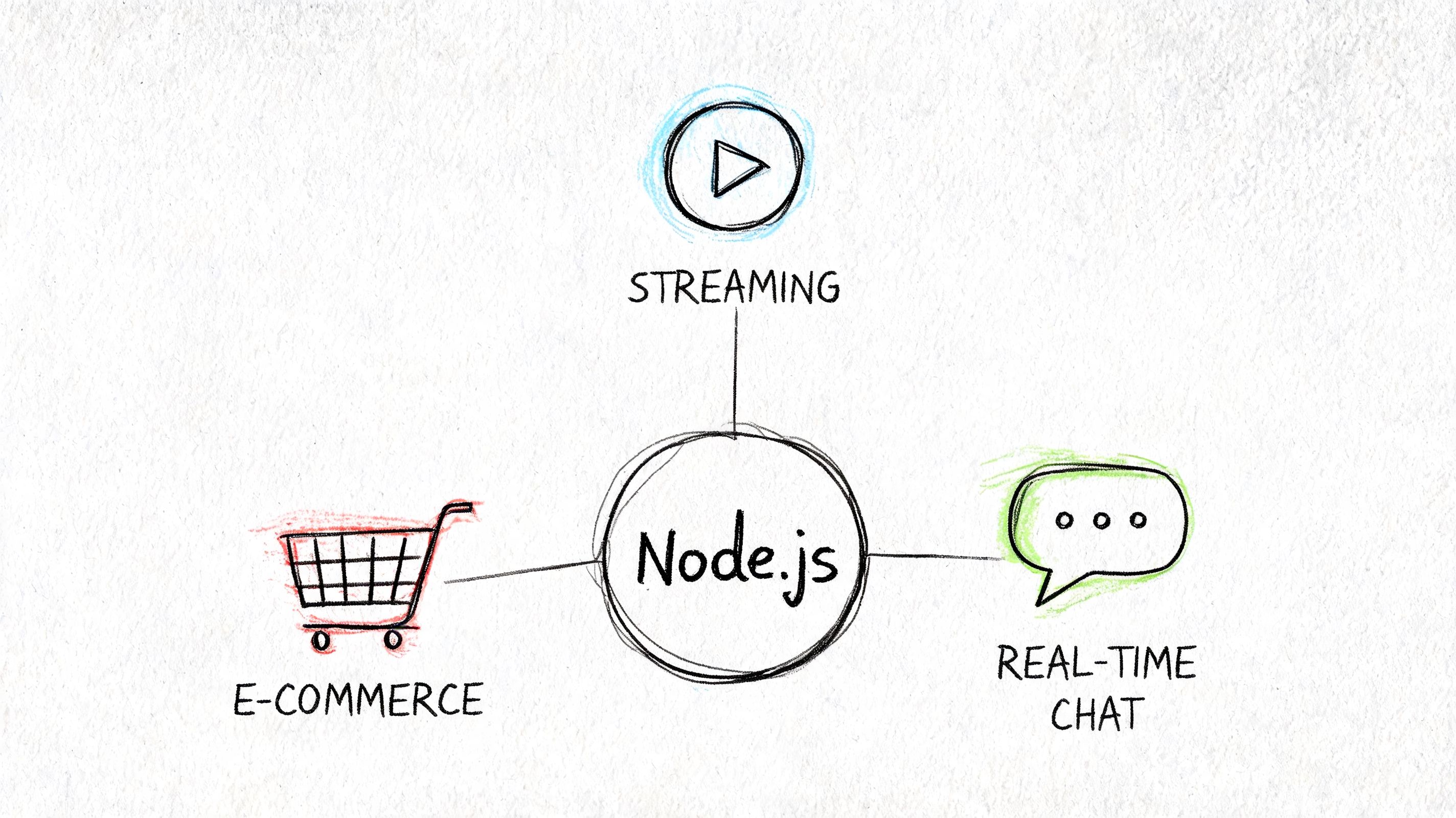 A hand-drawn diagram illustrating Node.js applications for streaming, e-commerce, and real-time chat functionalities.