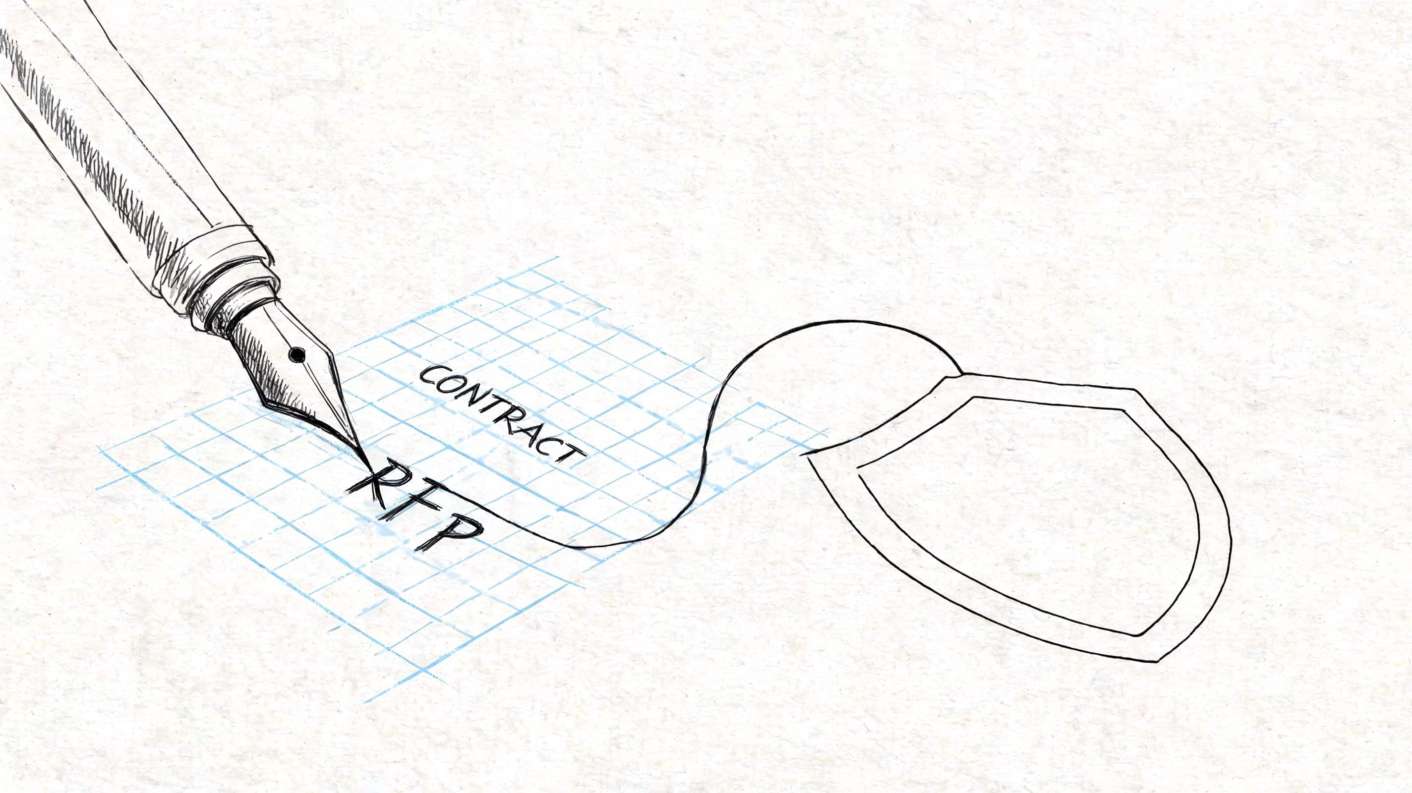 A hand-drawn fountain pen writing RFP on a grid paper leading to a shield symbol illustration.