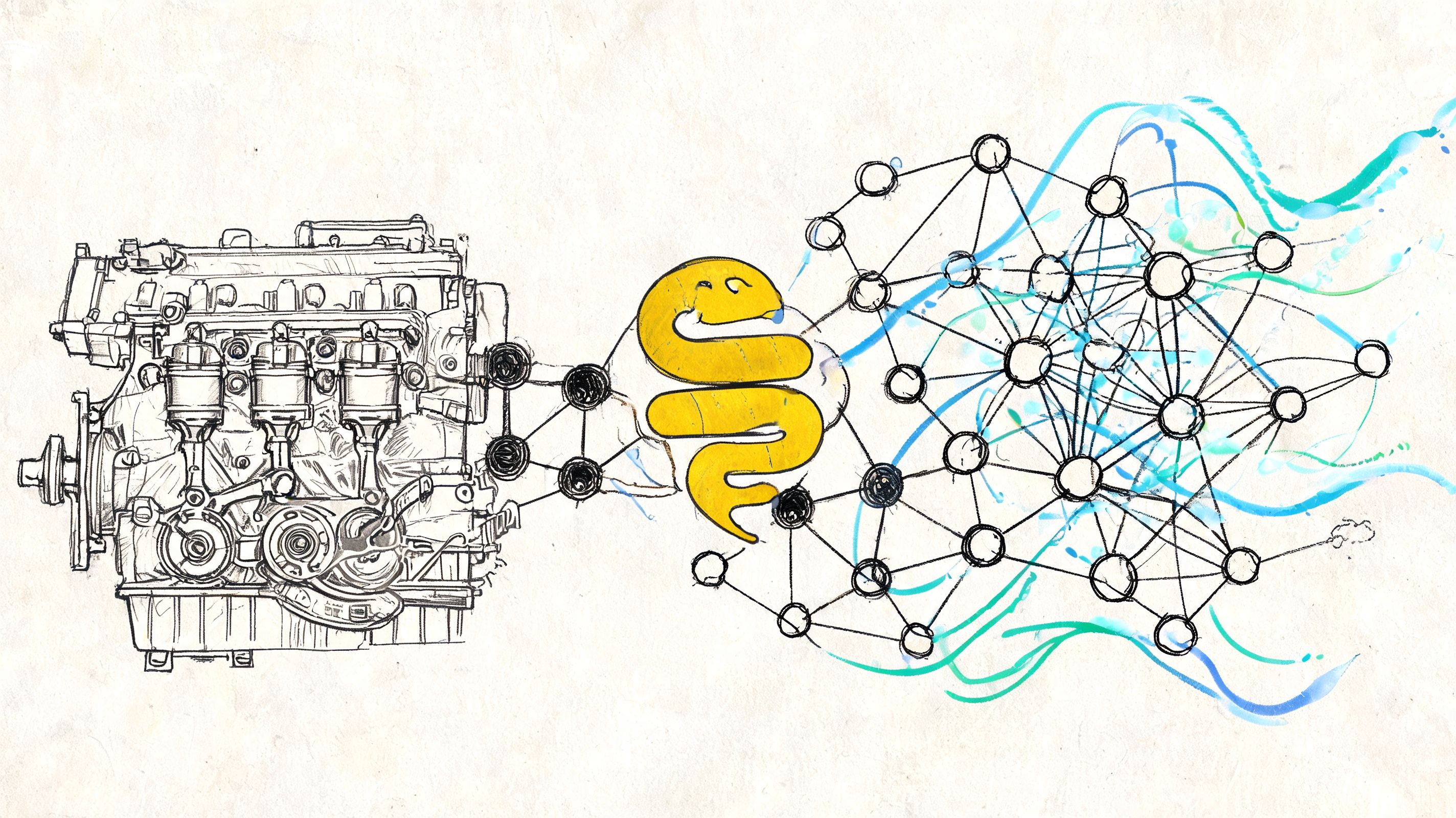 A conceptual illustration showing an engine connected to a neural network through a yellow Python programming logo.