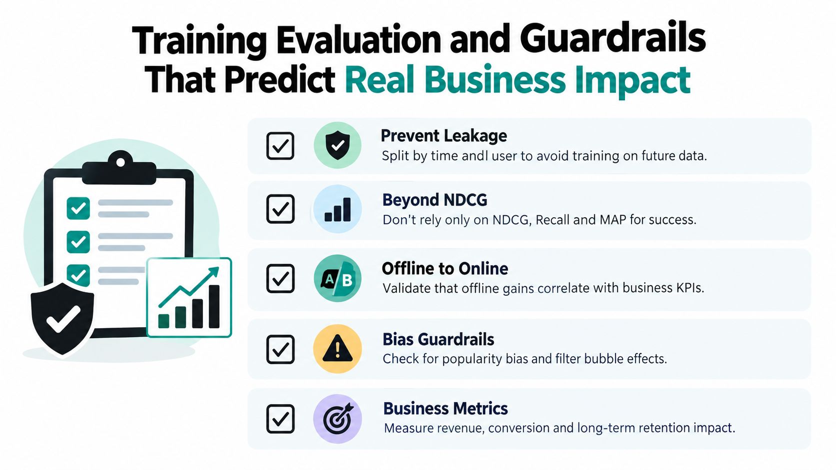A checklist infographic illustrating key evaluation and guardrail strategies for machine learning models to ensure business success.