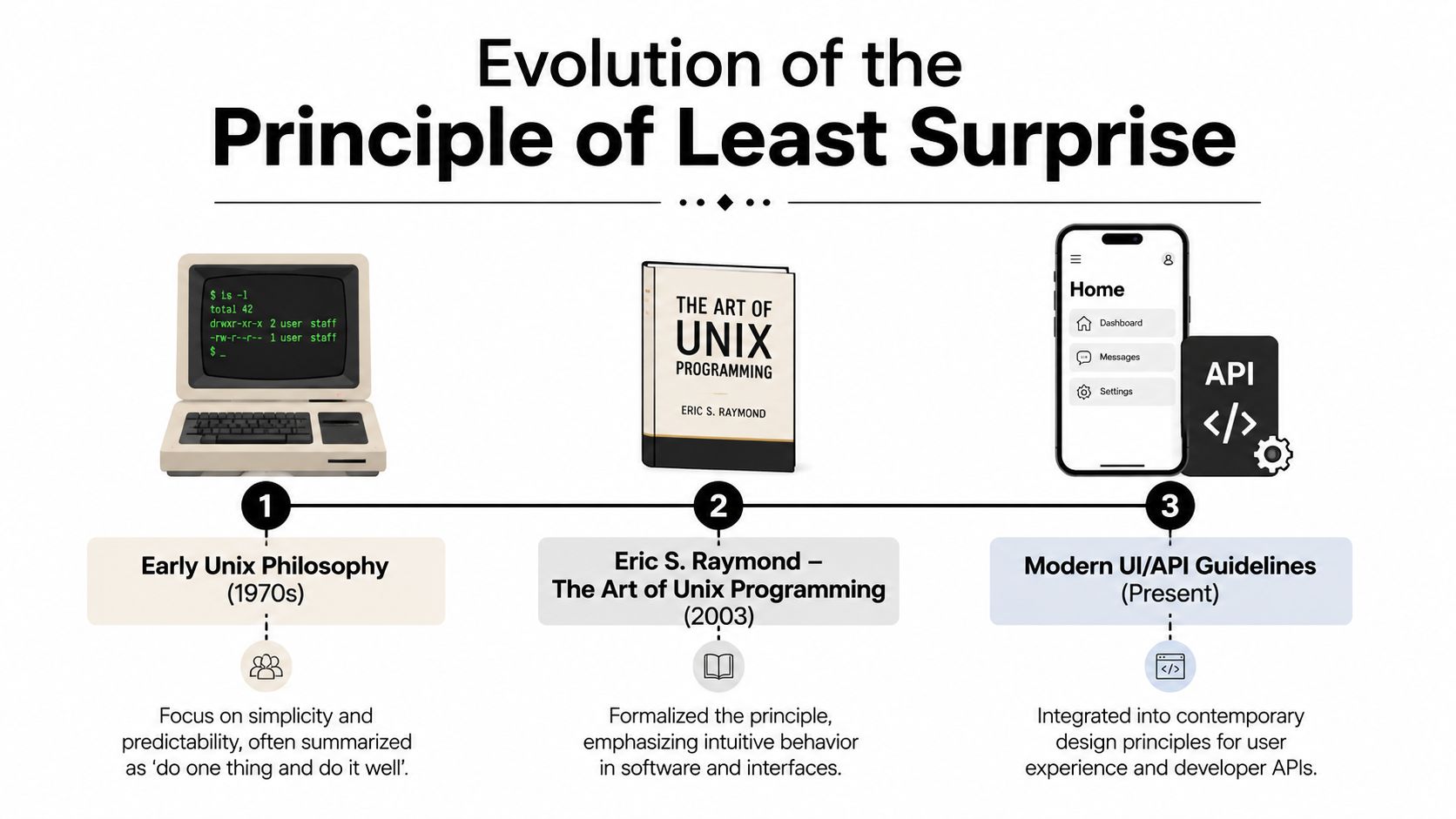 An infographic illustrating the historical evolution of the principle of least surprise from Unix to modern systems.