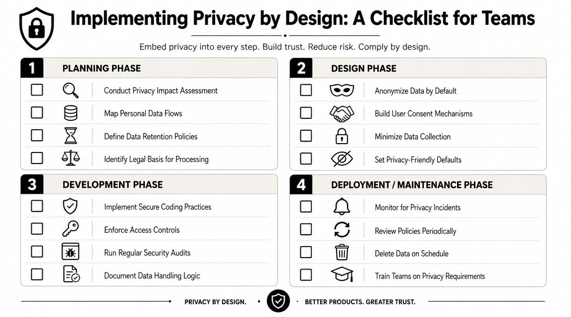 A comprehensive checklist for teams to implement privacy by design principles across four development phases.