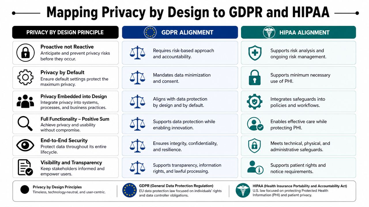 A table comparing the seven Privacy by Design principles with their alignment to GDPR and HIPAA regulations.