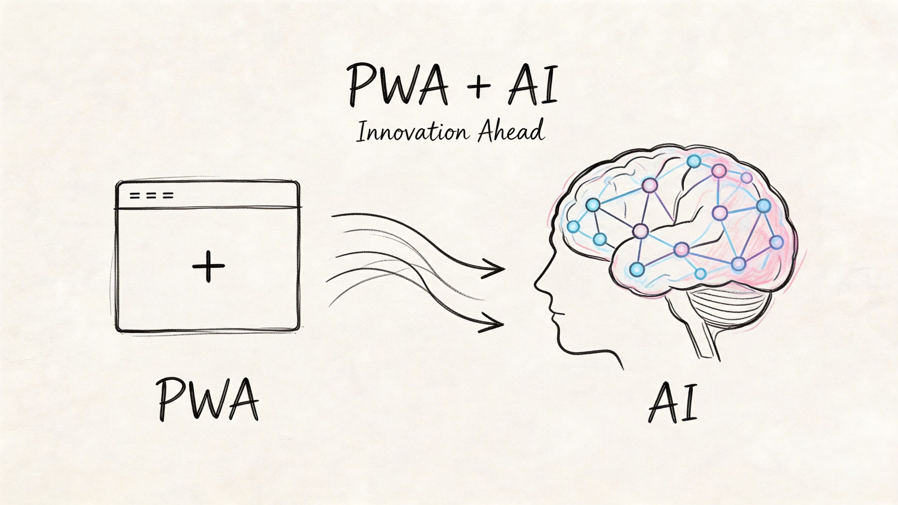 A hand-drawn illustration showing a progressive web app icon connecting to a brain representing artificial intelligence.
