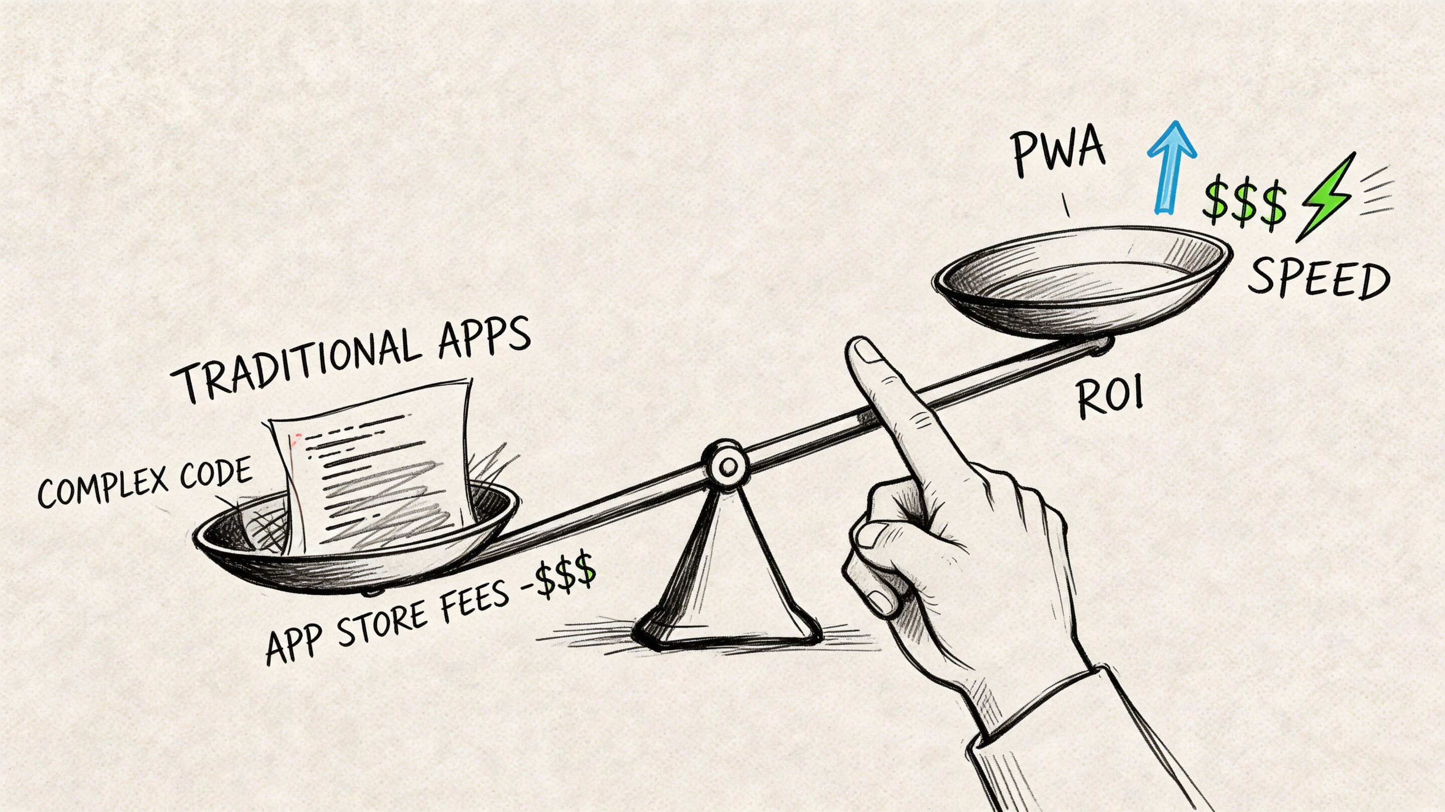 A hand balancing a scale between traditional apps with complex code and fees versus PWA benefits.