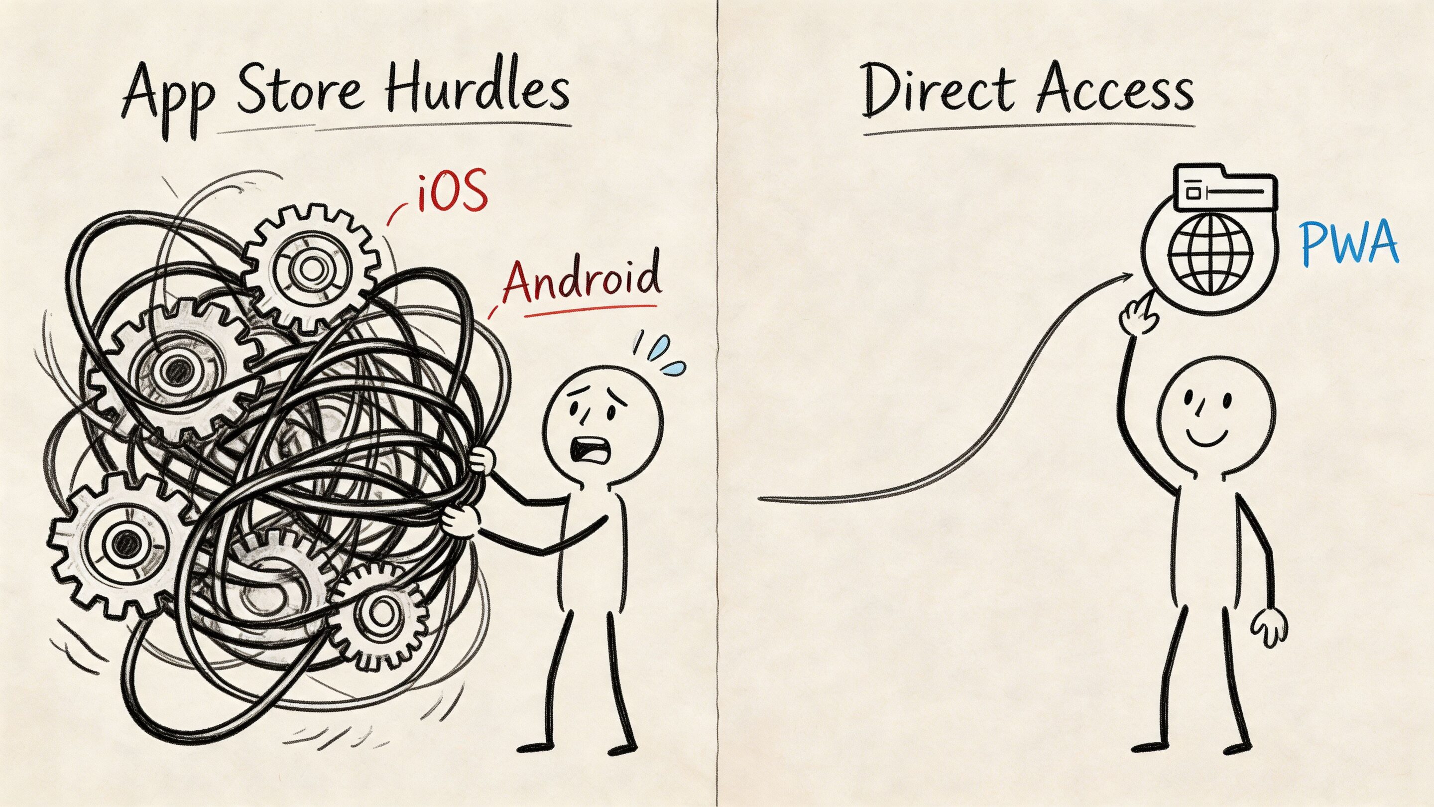 A cartoon comparing complex app store publishing hurdles for iOS and Android against simplified direct PWA access.