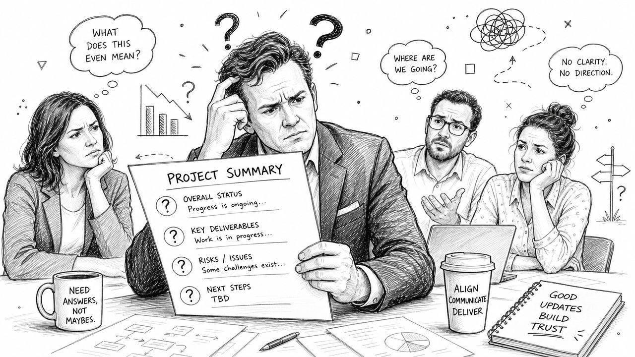 A confused team looking at a vague project summary document during a stressful office meeting.