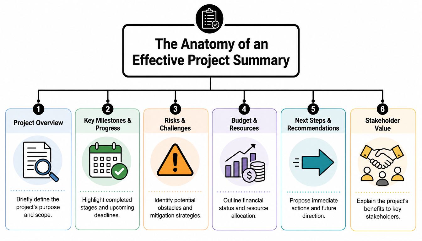 An infographic detailing the six essential components of an effective project summary for better management.