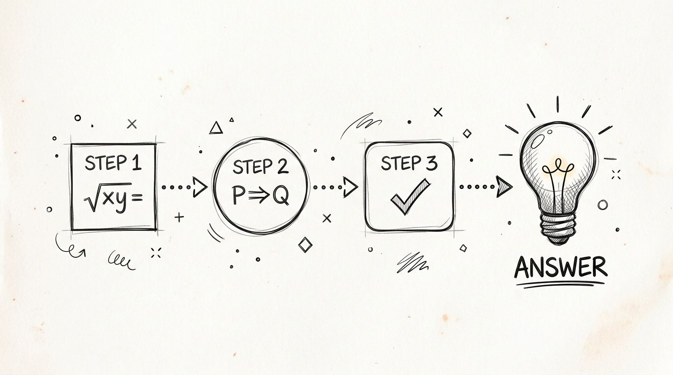 A hand-drawn sketch illustrating a three-step problem-solving process leading to a lightbulb icon representing an answer.