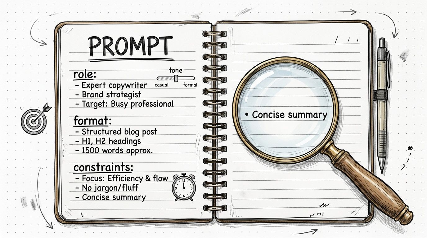 A hand-drawn notebook illustration showing structured prompt engineering guidelines for an expert copywriter's blog post strategy.