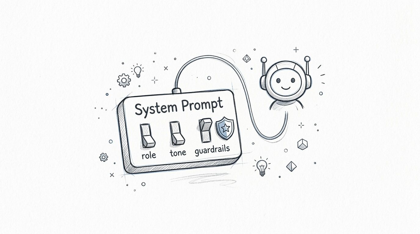 A hand-drawn sketch showing a control panel labeled System Prompt connected to a smiling robot avatar.