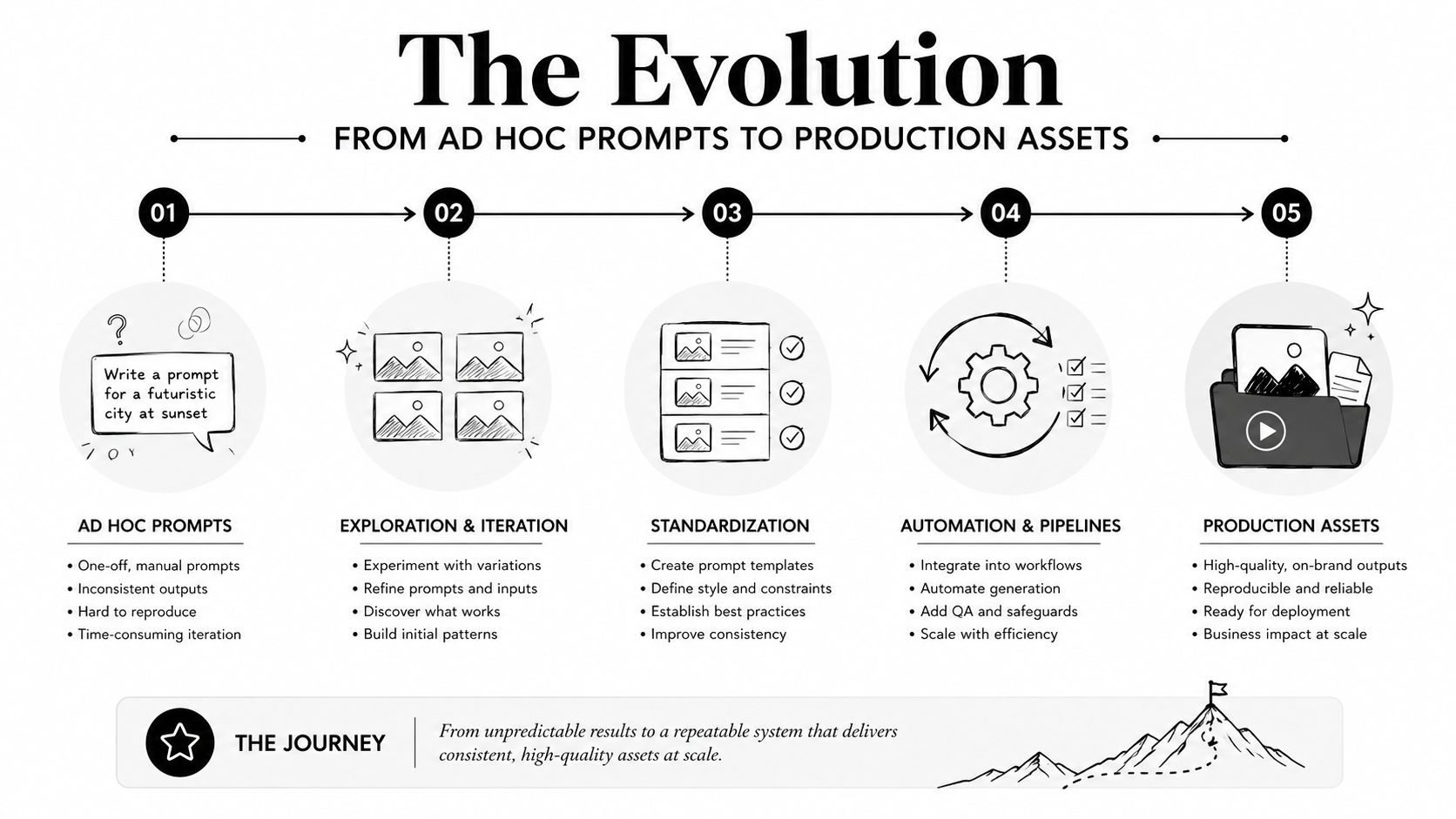 A five-step diagram showing the evolution of prompt management from manual ad hoc tasks to automated production assets.