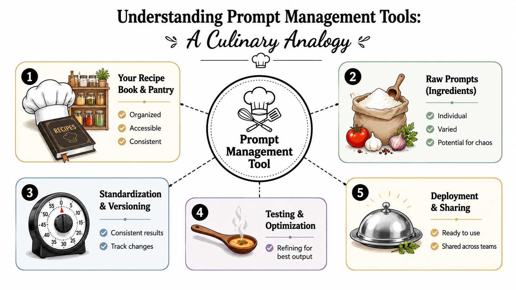 A culinary analogy infographic illustrating how prompt management tools organize, standardize, test, and deploy AI prompts.