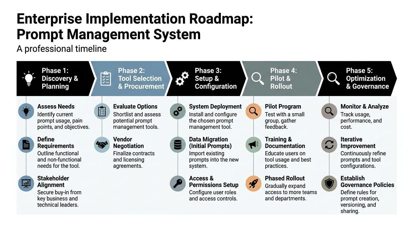 An enterprise implementation roadmap chart outlining five phases for successfully adopting a prompt management system.
