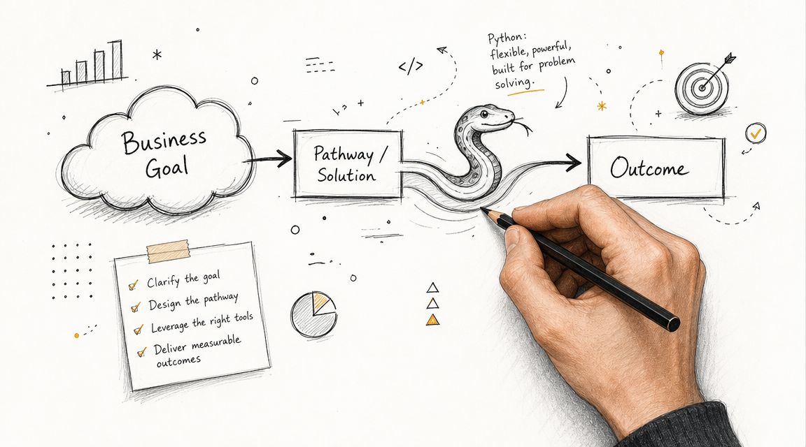 A hand sketching a diagram showing business goals, a Python-powered solution, and measurable outcomes on paper.