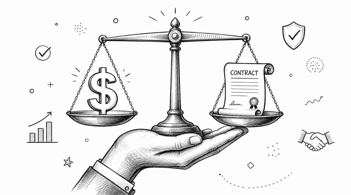 A hand holds a balance scale comparing a dollar sign symbol with a legal contract document.