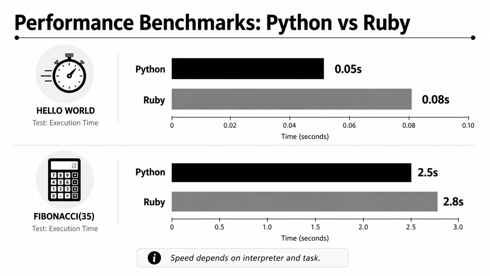 A comparison bar chart showing Python and Ruby performance benchmarks for Hello World and Fibonacci calculations.