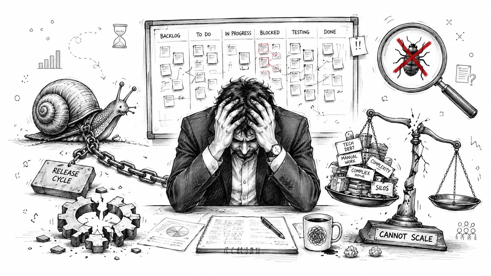 A stressed developer sitting at a desk overwhelmed by project delays, technical debt, and team bottlenecks.