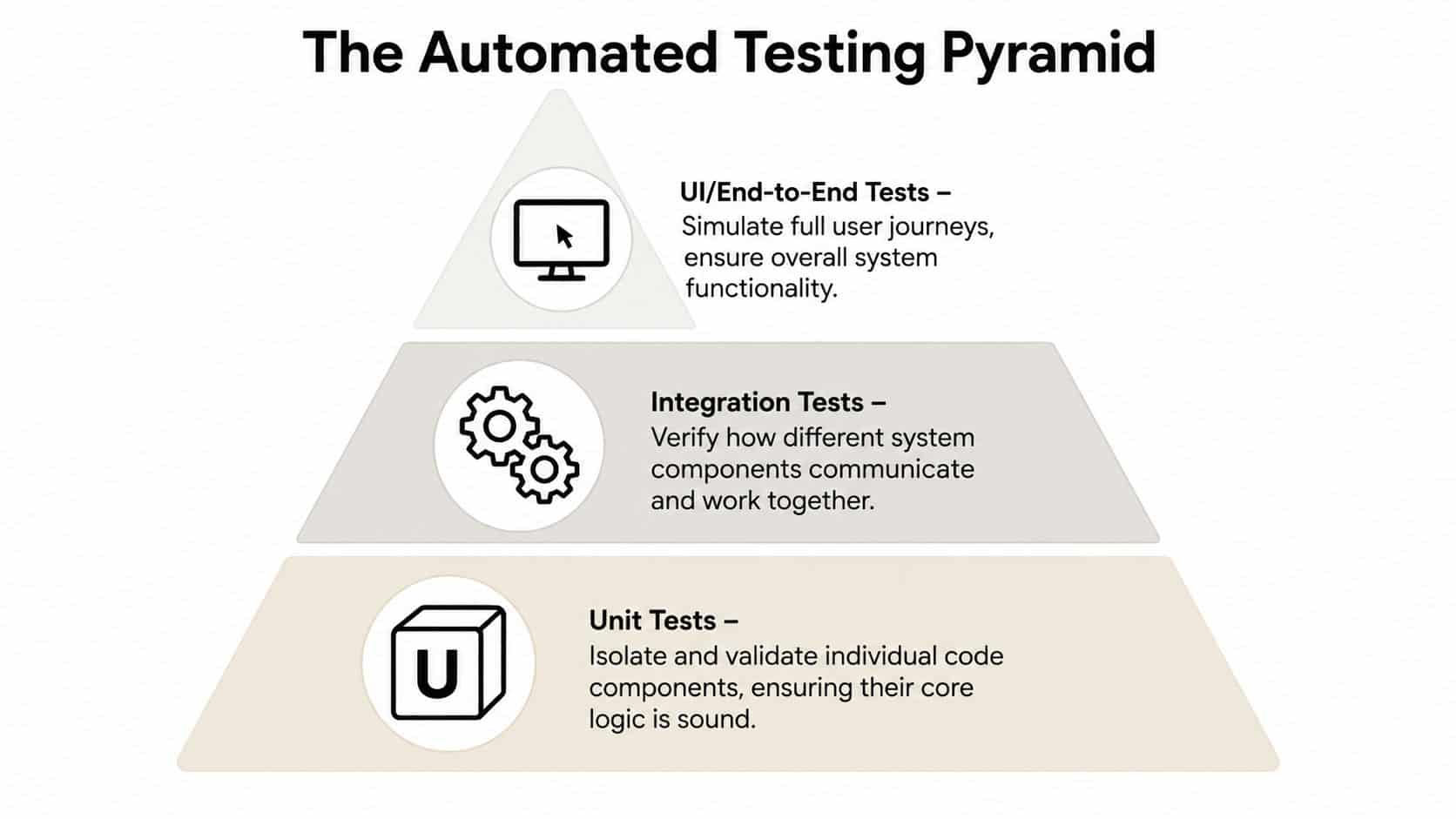 A diagram of the automated testing pyramid showing unit, integration, and UI end-to-end testing levels.