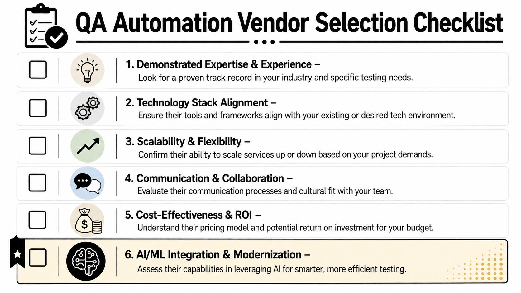 A checklist infographic outlining six key factors for selecting a high-quality QA automation service provider.
