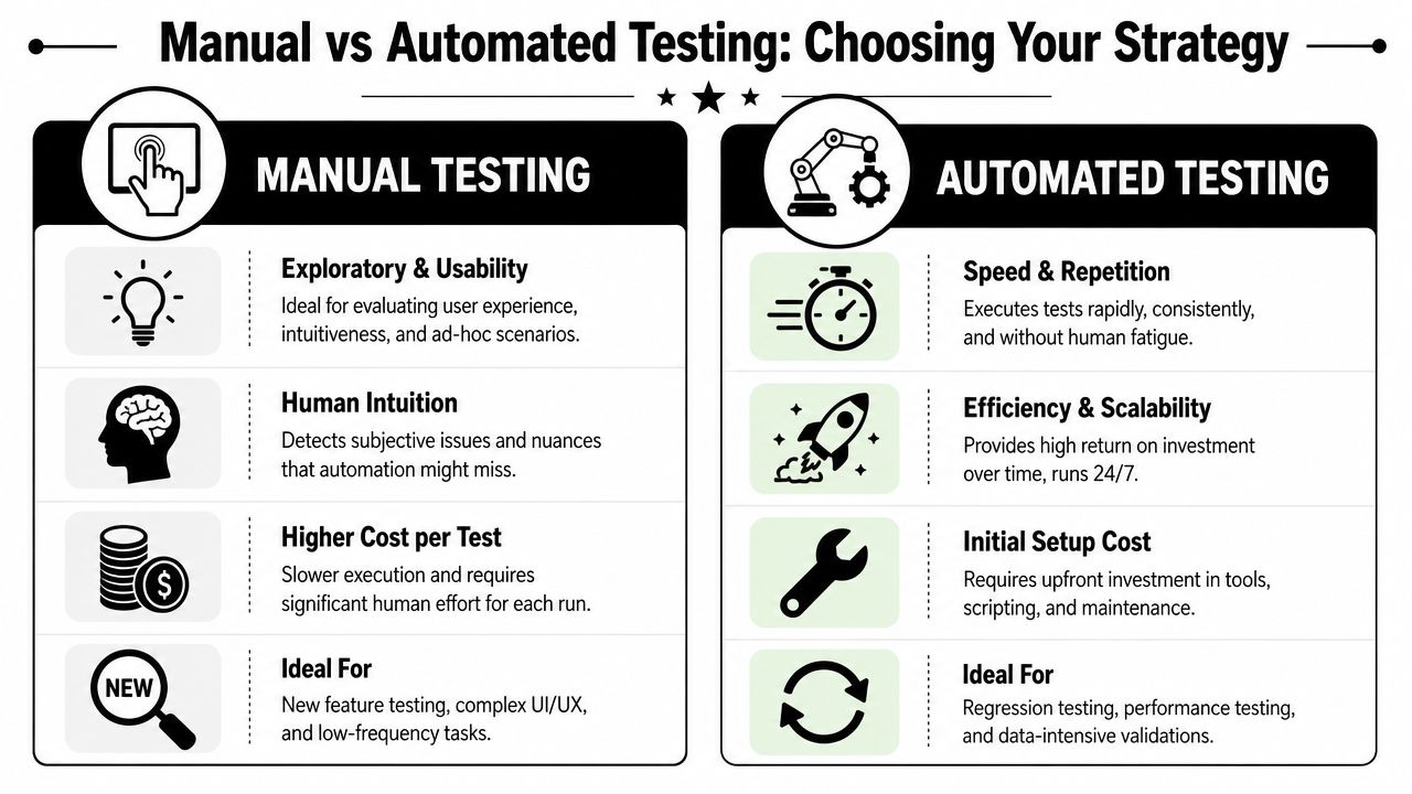 A comparison chart outlining the key differences, benefits, and use cases for manual versus automated testing methods.
