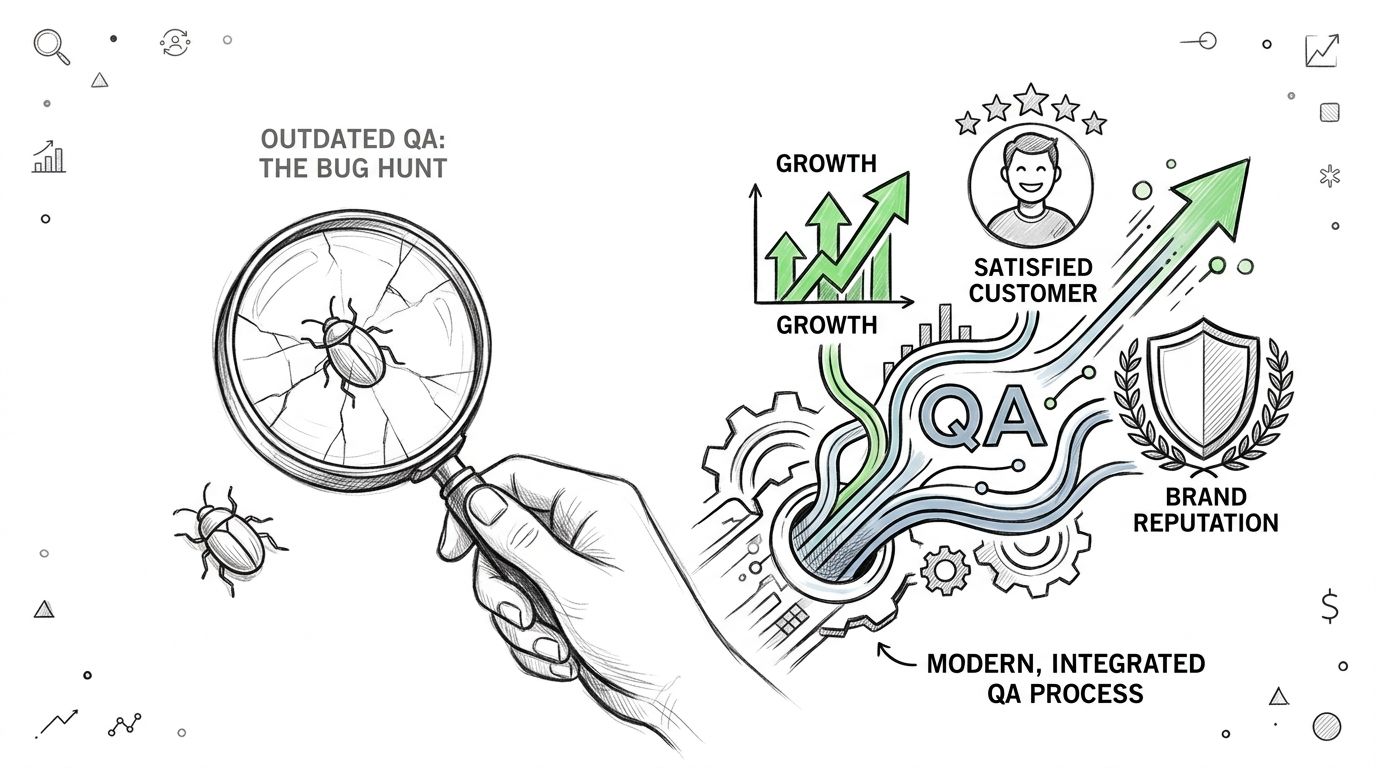 A conceptual illustration contrasting outdated bug hunting with a modern, integrated QA process for business growth.