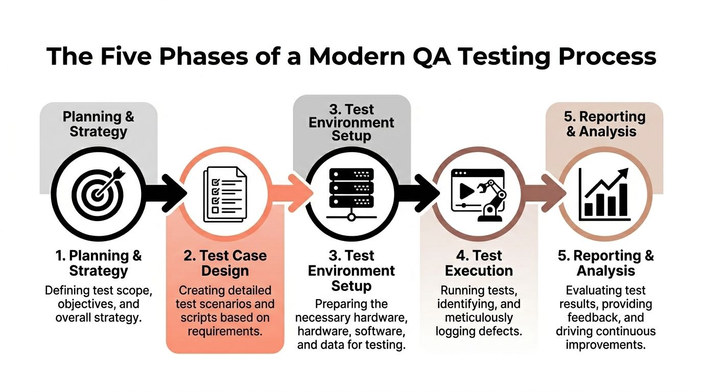 A diagram illustrating the five phases of a modern QA testing process, from planning to reporting.