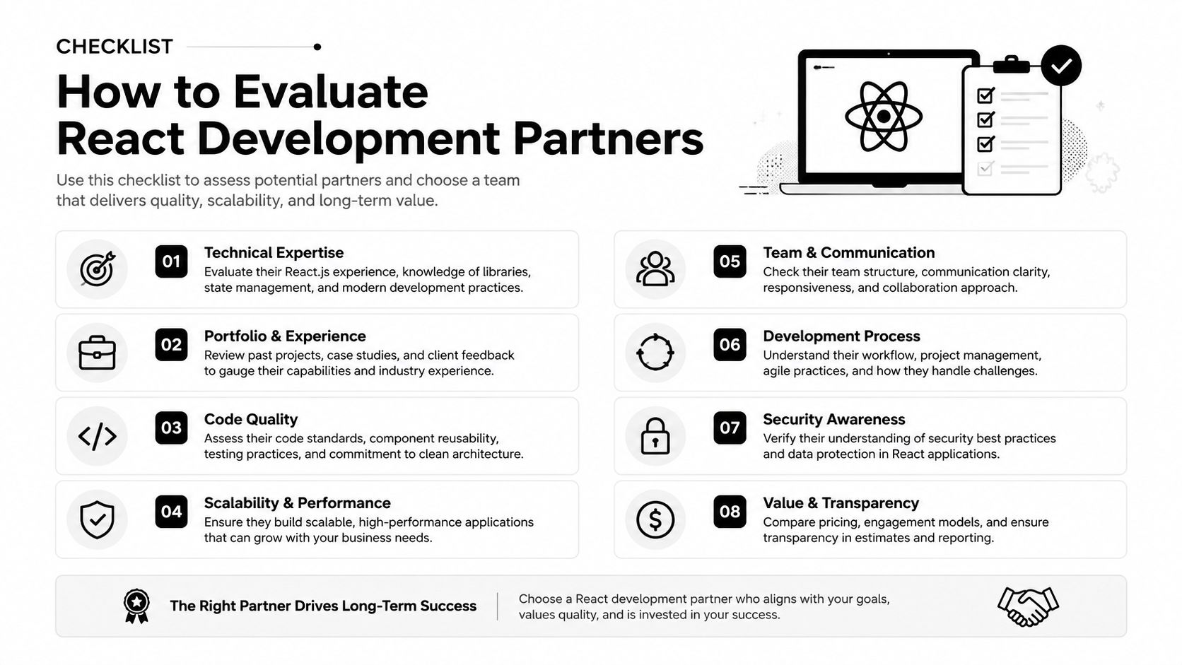 A checklist for evaluating potential React development partners to ensure high-quality software and long-term project success.