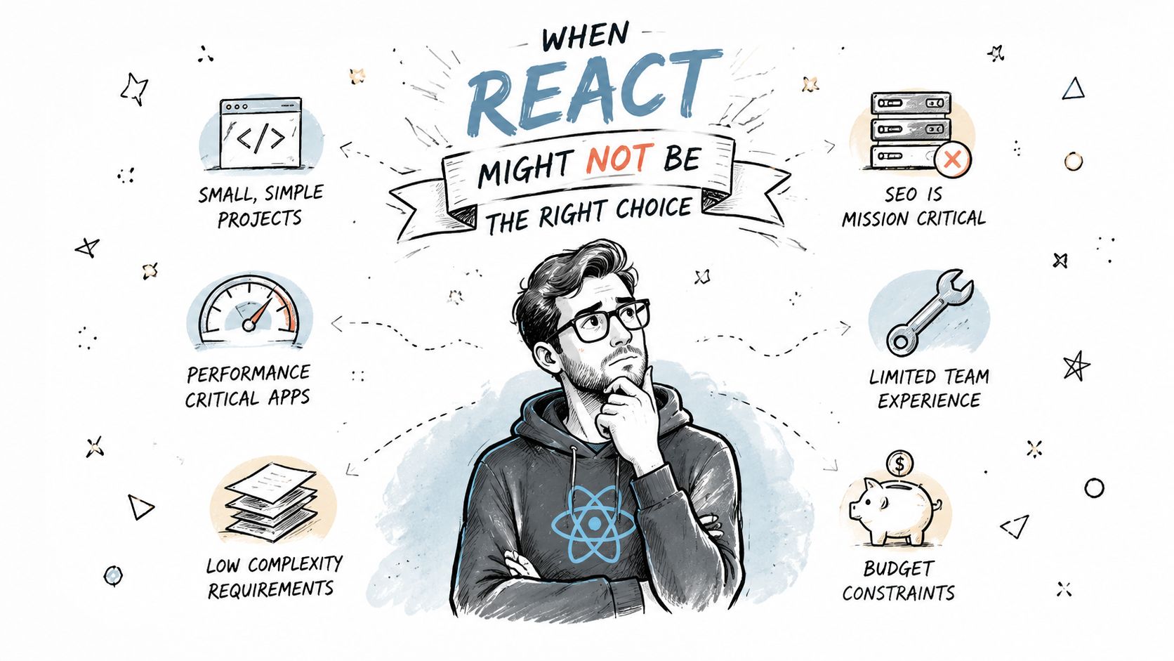 A hand-drawn illustration showing a person contemplating scenarios where React might not be the appropriate development tool.