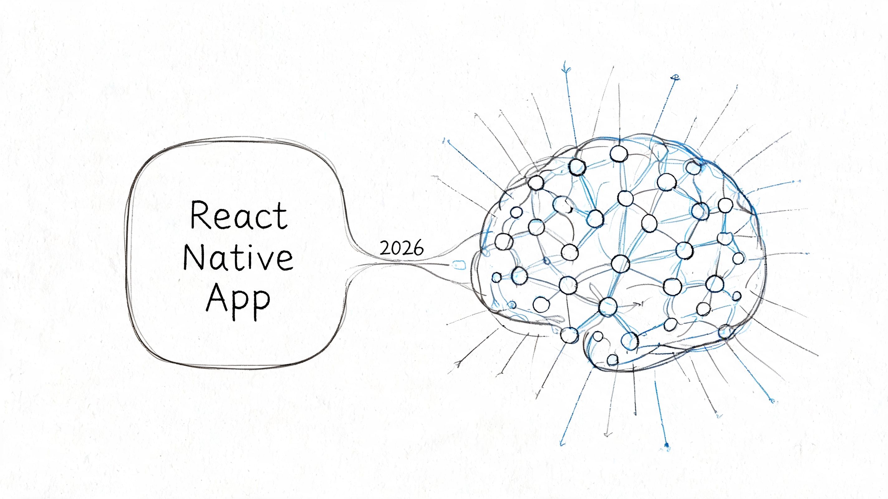 A hand-drawn illustration showing a React Native app connected to an artificial intelligence brain in 2026.