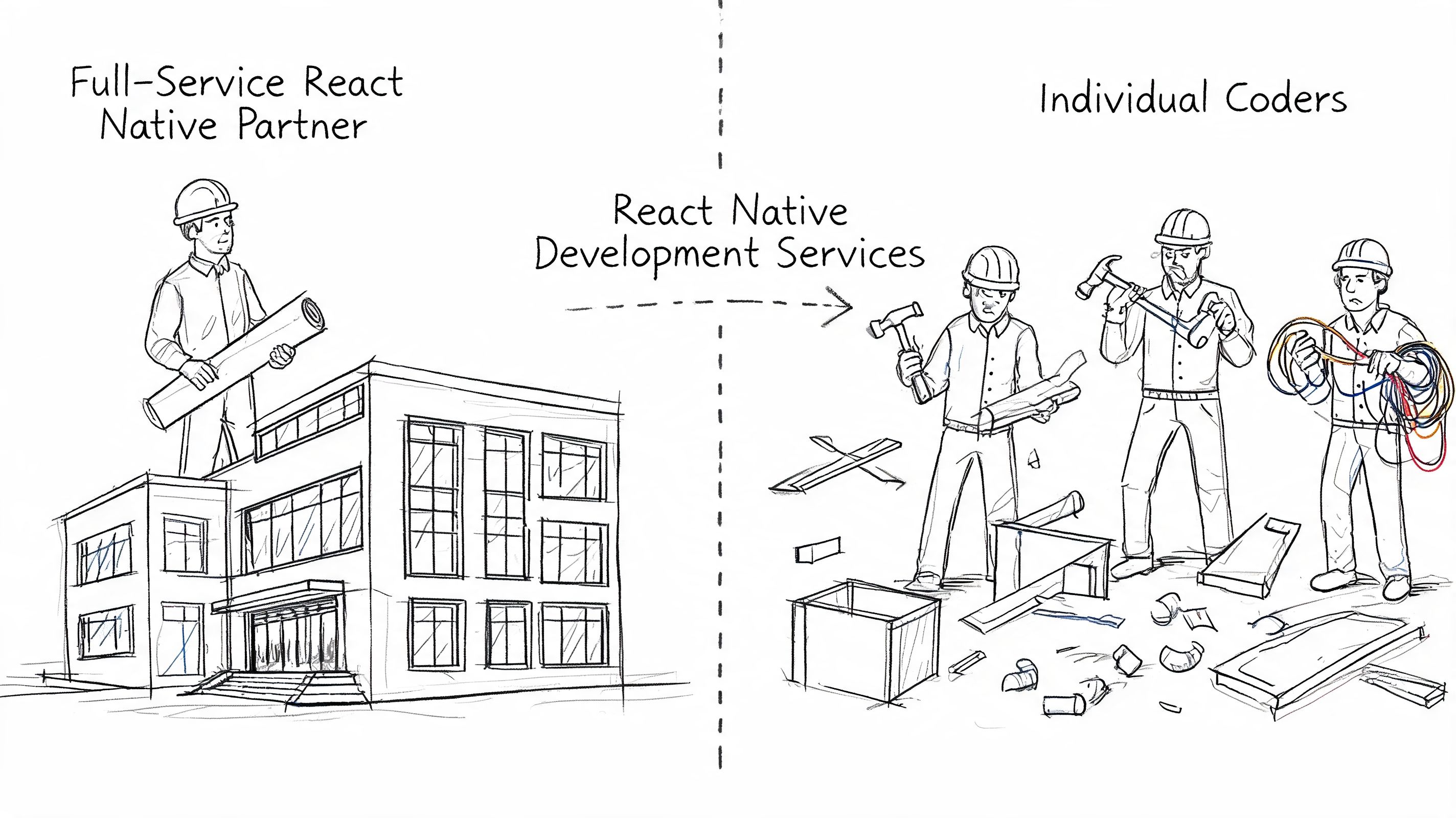 A hand-drawn illustration comparing a structured React Native partner versus disorganized individual coders for development projects.