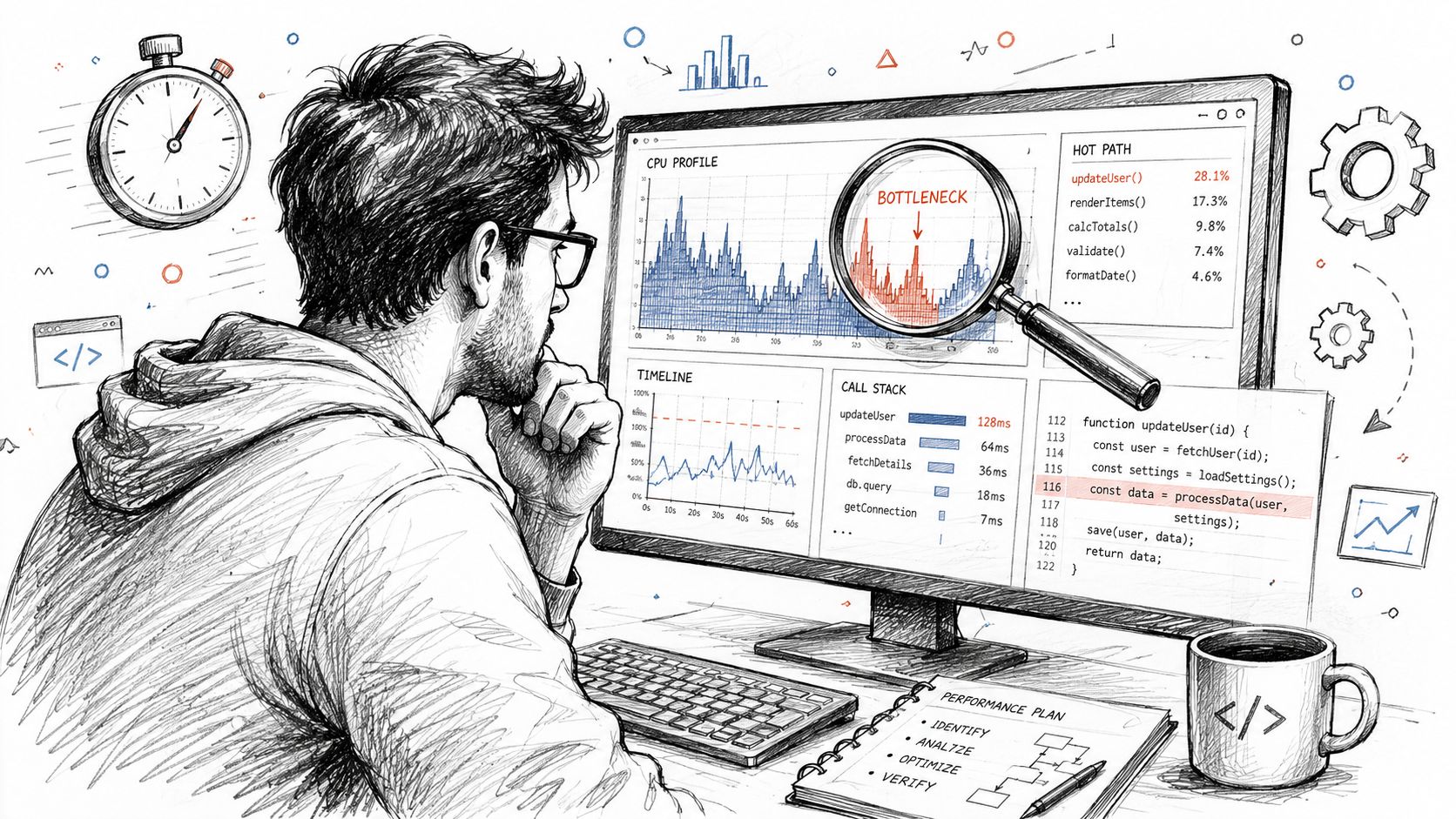 A developer analyzing code performance and bottlenecks on a computer screen in a detailed sketch illustration.