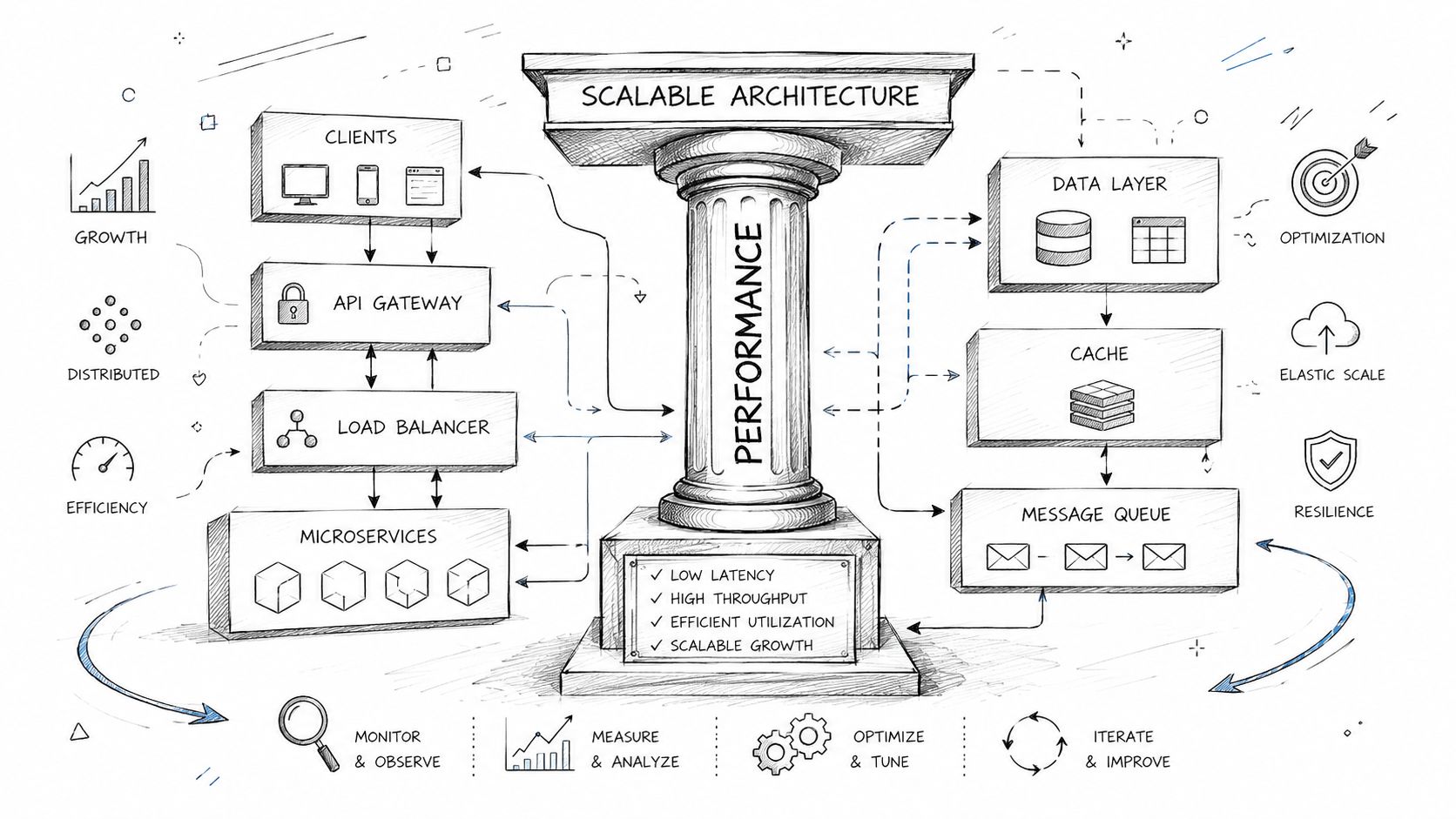 A hand-drawn architectural diagram illustrating the core components and pillars of a high-performance, scalable software system.