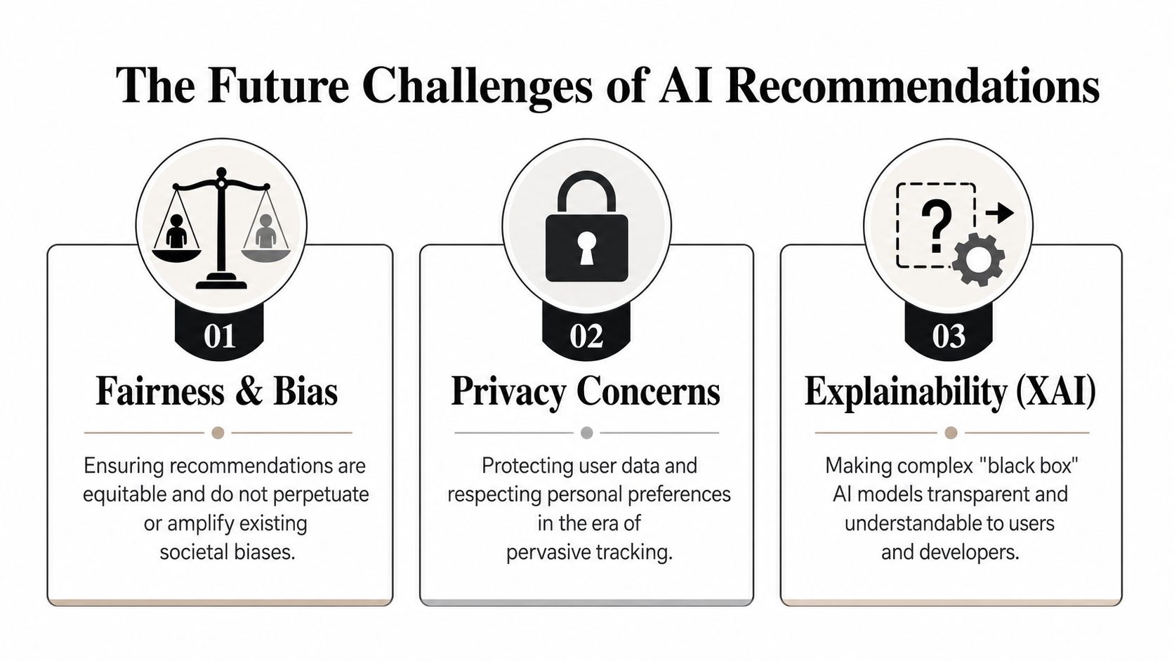A graphic infographic titled The Future Challenges of AI Recommendations outlining fairness, privacy, and explainability.